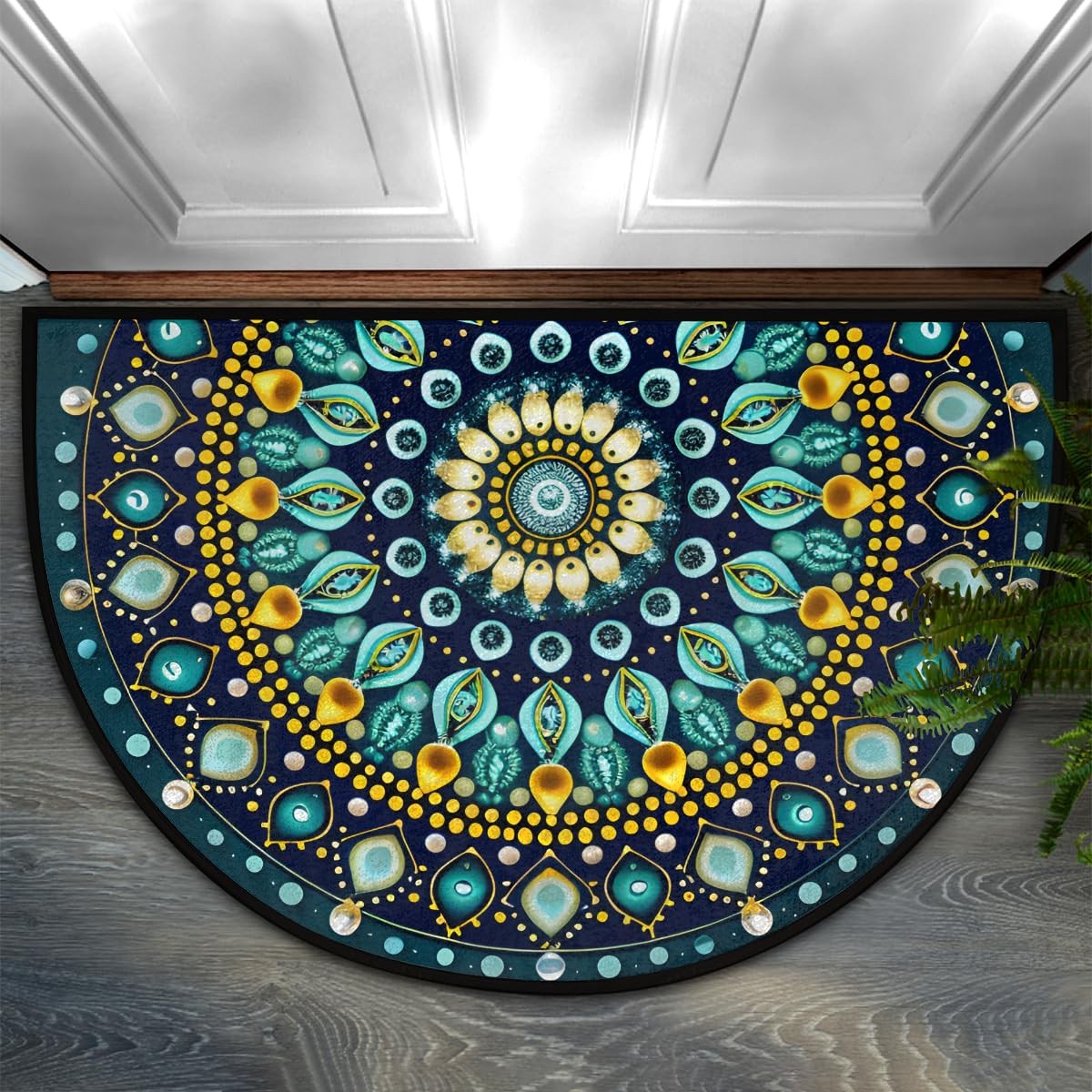 Half Round Doormat Teal Mandala Boho Floral Washable Semi Circle Area Rug Non…