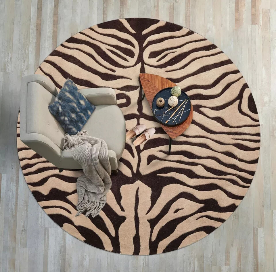 Beige Hand Tufted Zebra Print Wool Area Rug