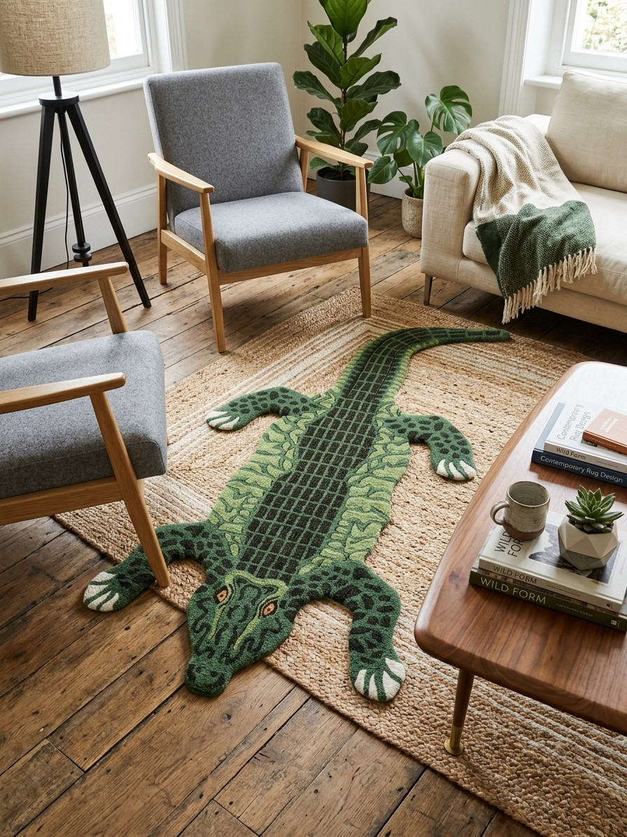 Handmade Crocodile Tufted Rug Custom Animal Shape Rug Green Art Rug Unique floor
