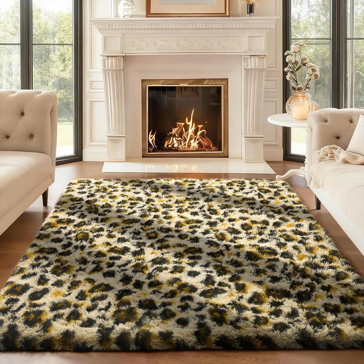 Large Cheetah Print Area Rug, Fluffy Shag Carpet