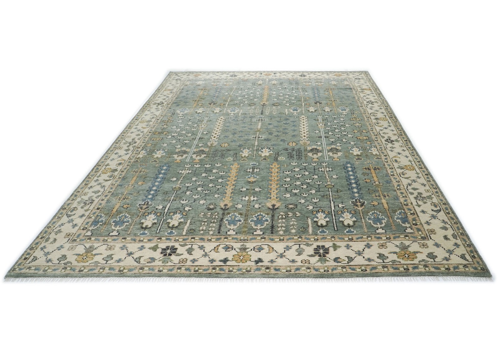 9’10”x14’1” Hand Knotted Wool Slate, Beige Oushak Transitional Rug