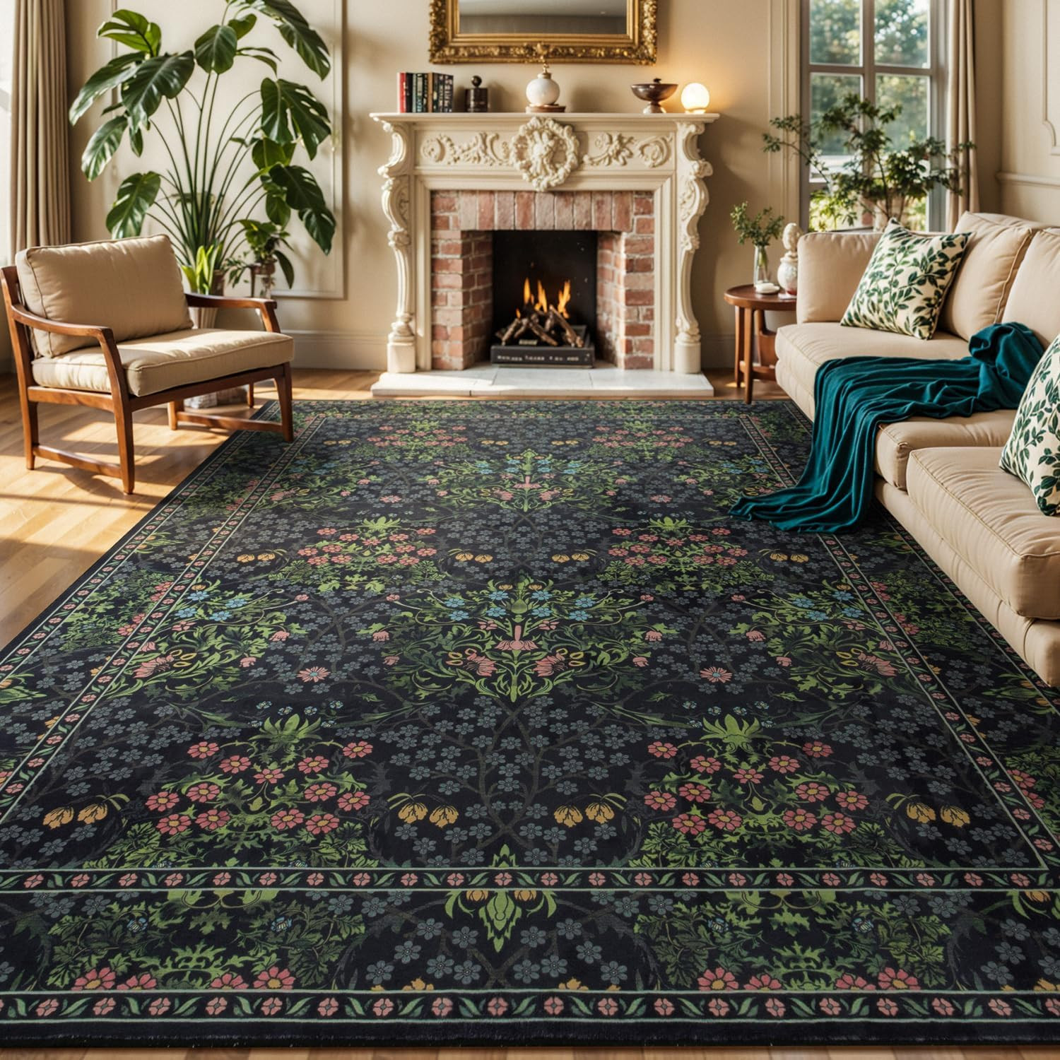 Floral Black Green Washable 8×10 Area Rug for Living Room & Bedroom Decor