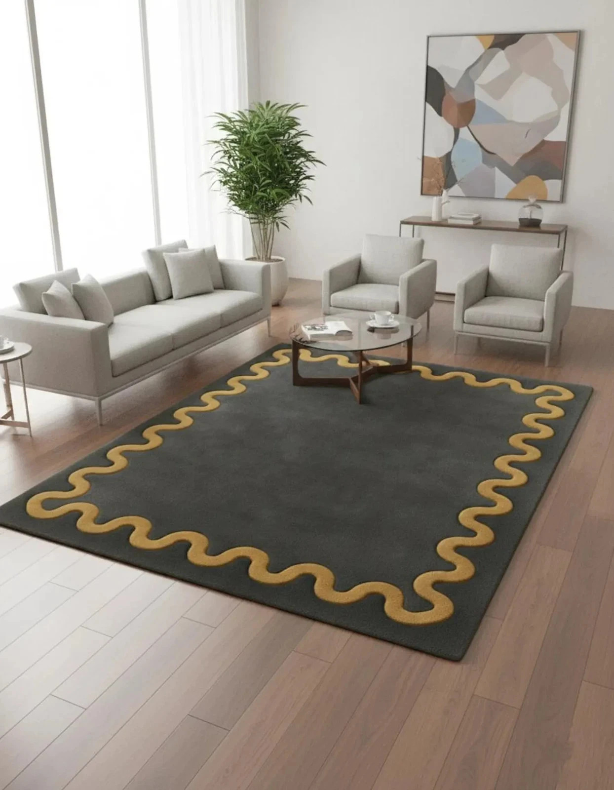 Hand Tufted Border Rug, Modern, Mustard Gray, Yellow and Charcoal Area Rug