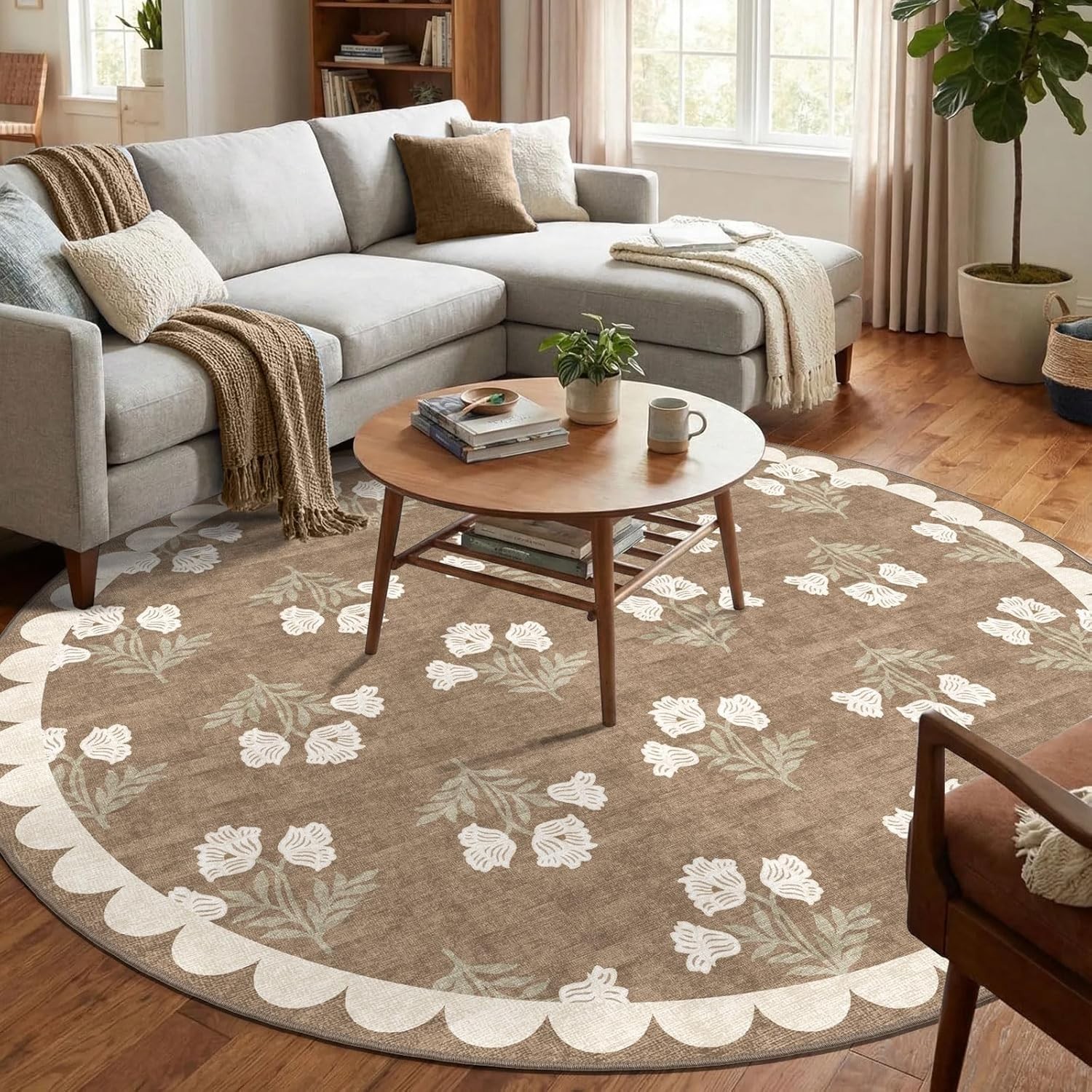 Tan 6ft Round Area Rug for Living Room – Large Washable Floral Neutral Farmho…
