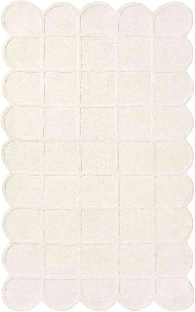 Hand Tufted Ivory Wool Rug | Modern Grid Pattern Scalloped Edge Area Rug Carpet.