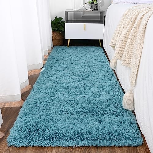 Turquoise Green Runner Rug for Bedroom 2×4 Feet, Fluffy Shag Area Rugs for