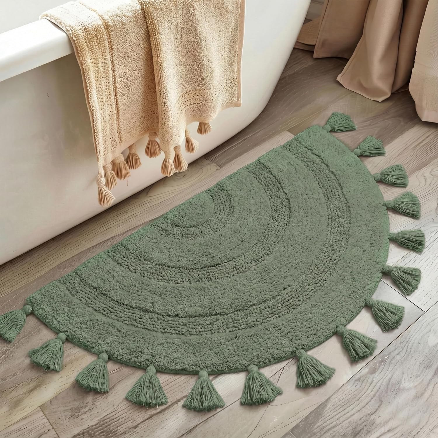 Half Circle Boho Bathroom Rugs with Tassels for Bohemian Bedroom Soft Half Circl