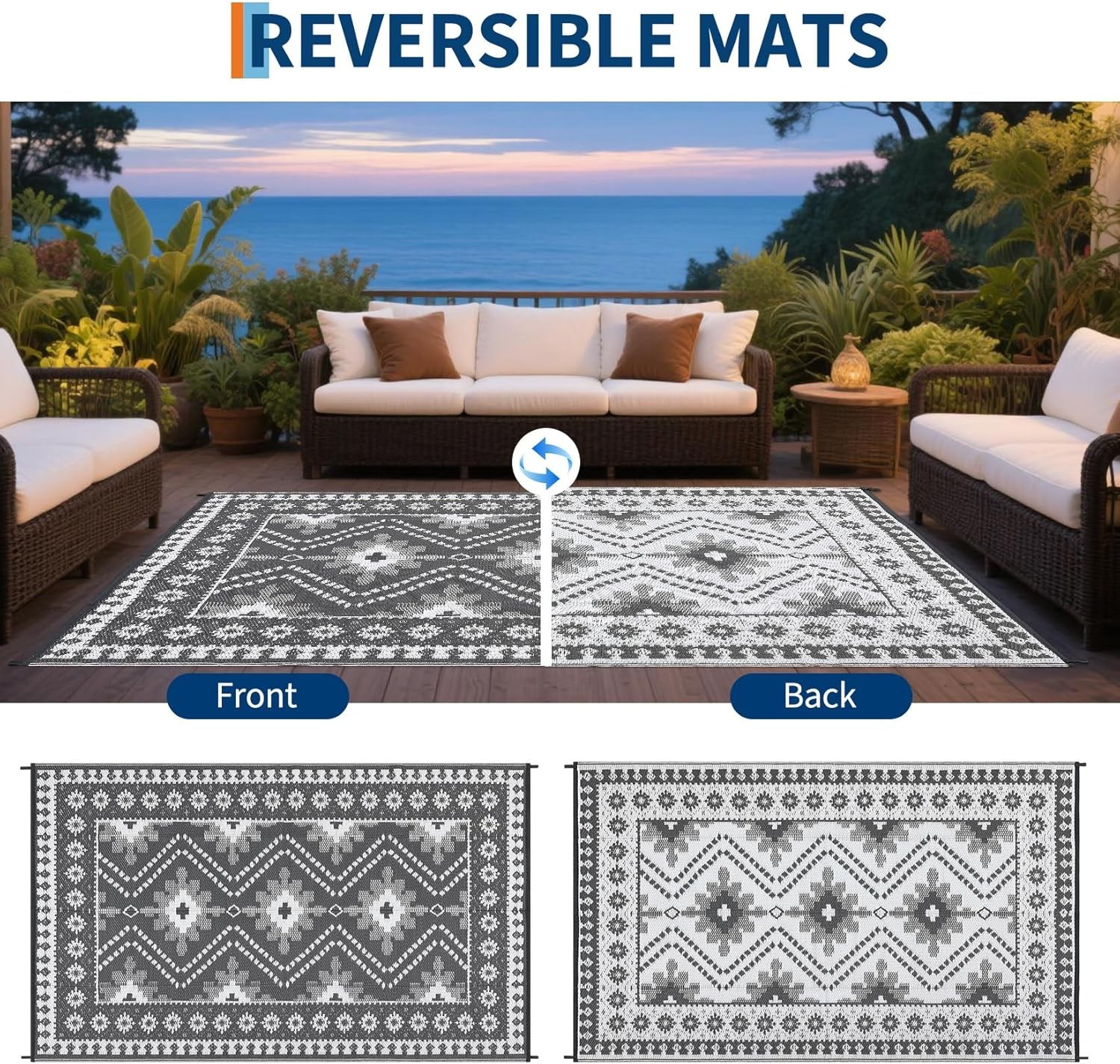 Outdoor Rug Waterproof for Patio, 8×10/9×12/9×18′ Reversible Plastic Straw Rug
