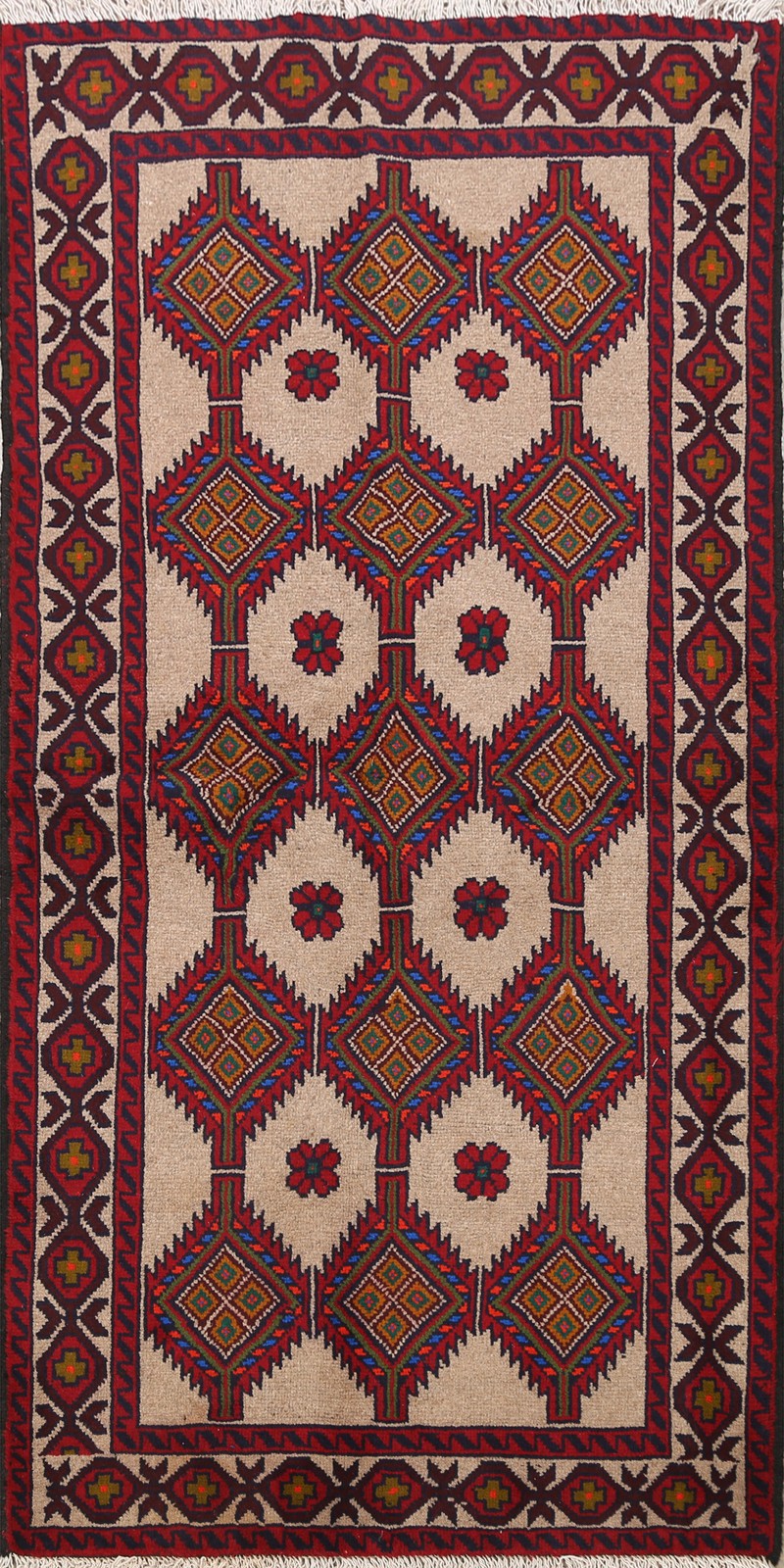 Geometric Beige Wool Handmade Rug 3×6 Tribal Oriental Foyer Carpet
