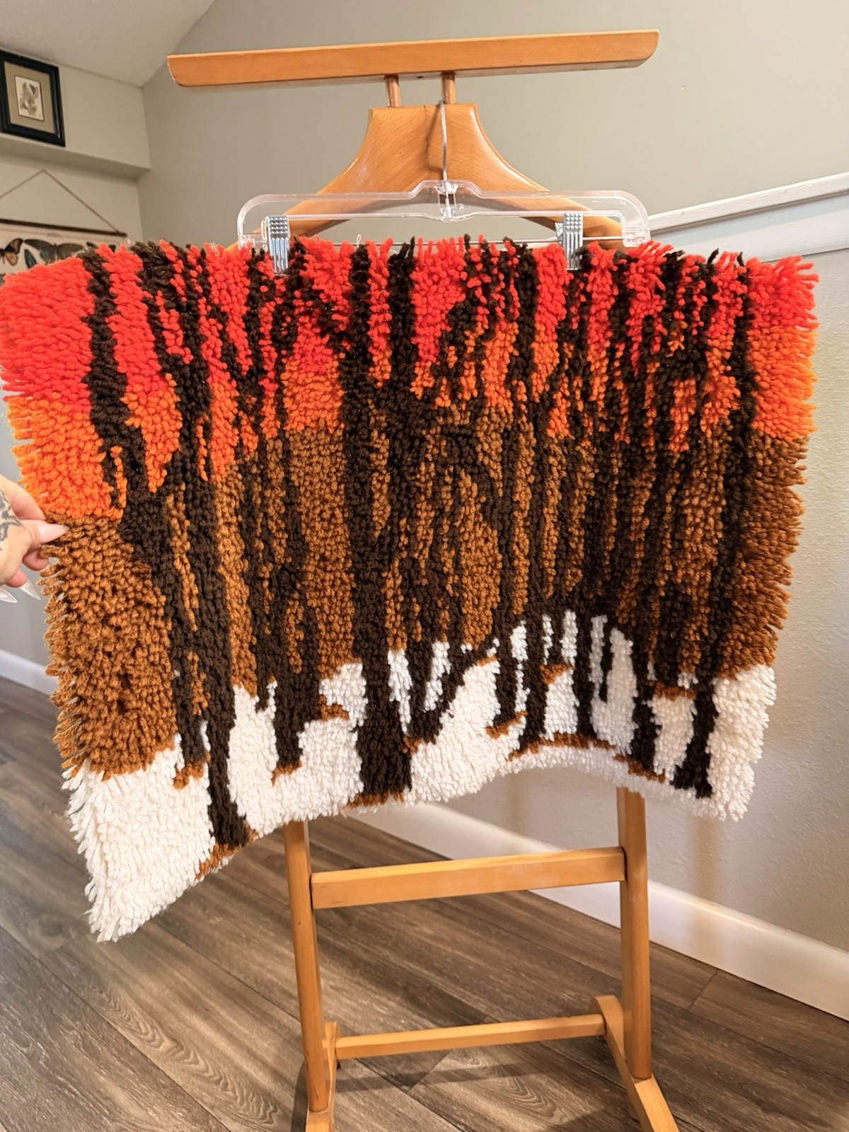 Vintage Latch Hook Rug Wall Hanging Forest Trees Boho Shag 1970s Handmade 30×23