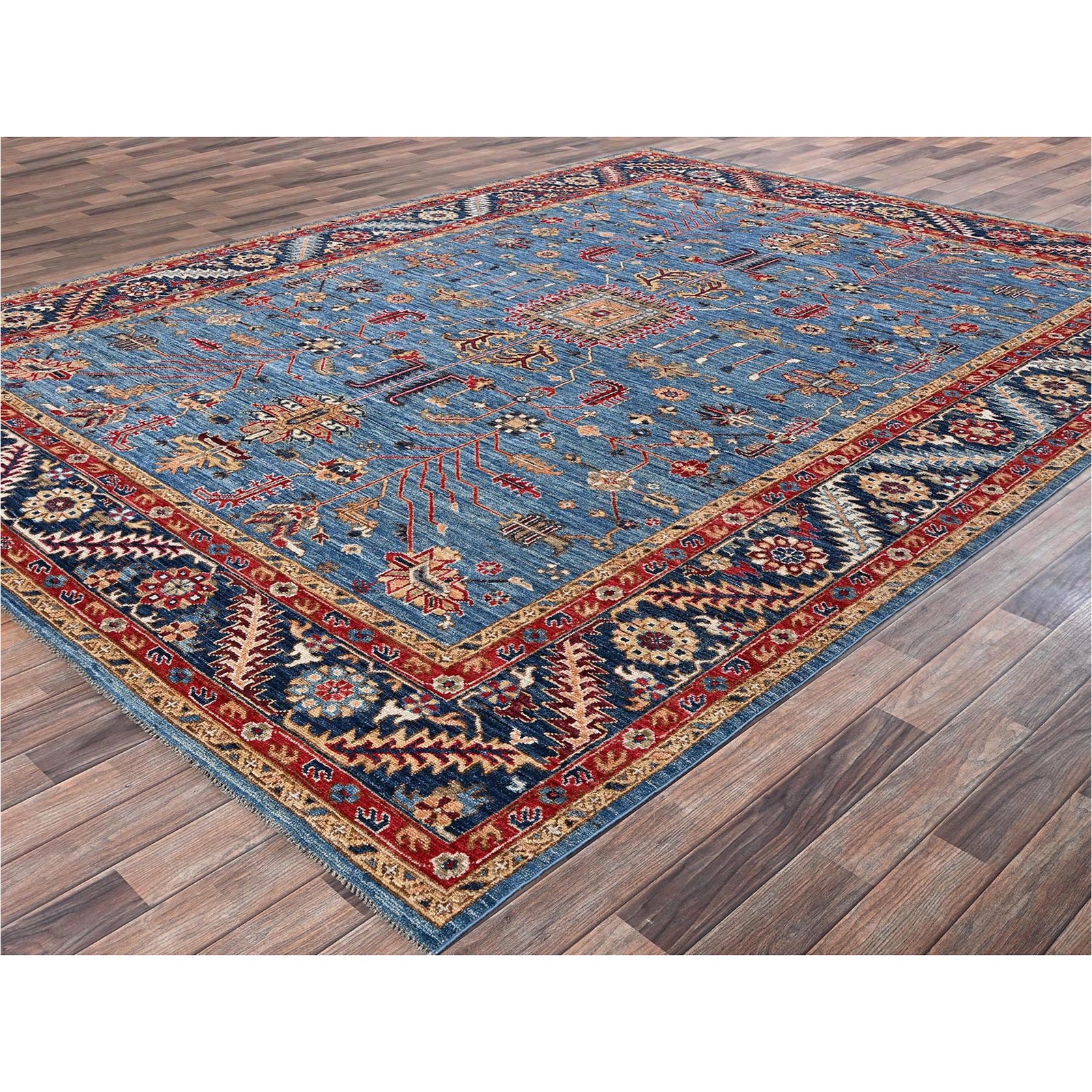 8’10″x12′ Blue Hand Knotted Afghan Peshawar with Heris All Over Design Wool Rug