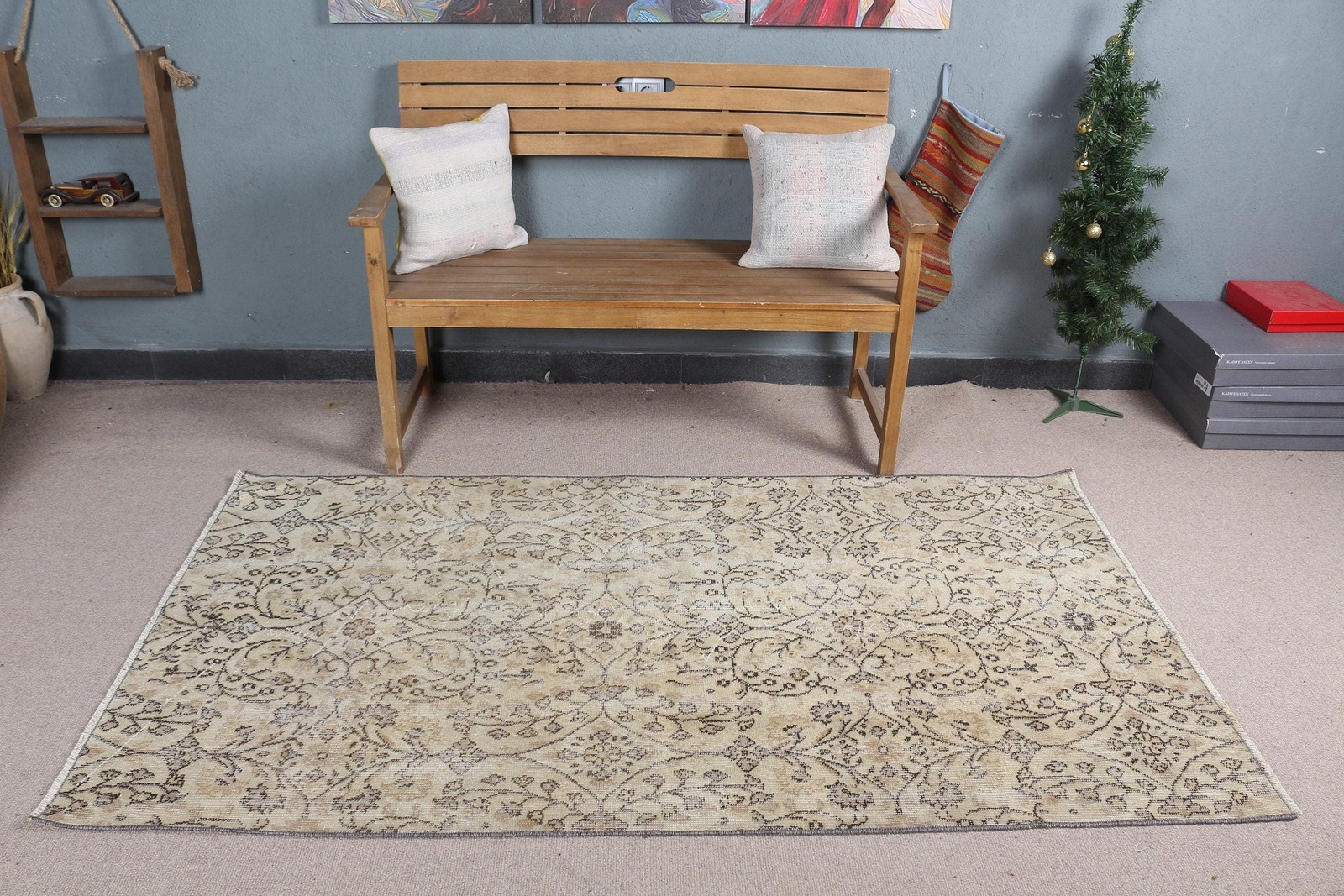 3,7×6,6 ft Area Vintage Rug, Turkish Rug, Gray Brown Handmade Wool Rug