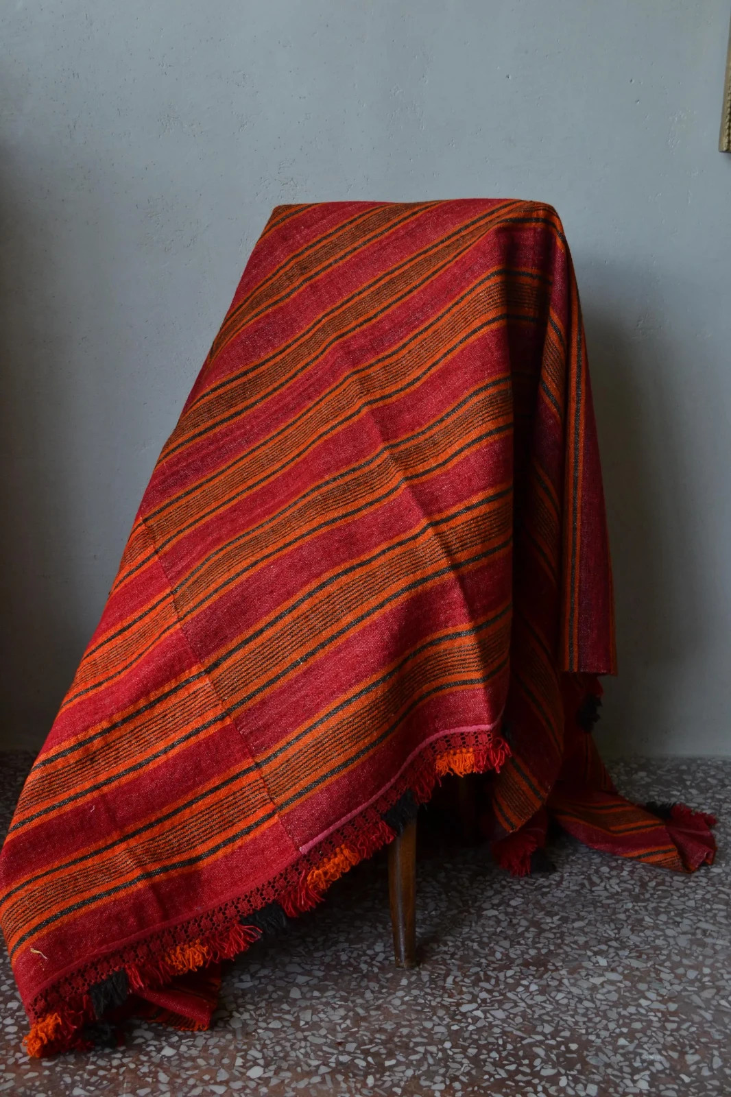Handwoven Cretan Wool Rug Runner Red Orange Black Folk Textile 200×220 cm