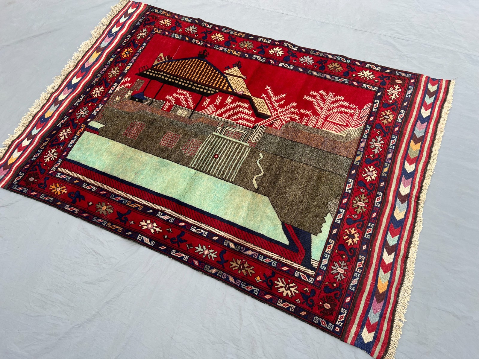 4’3 x 6 Ft Rare Afghan Baluchi Pictorial Rug -Chinese House Scene Bright Red Rug