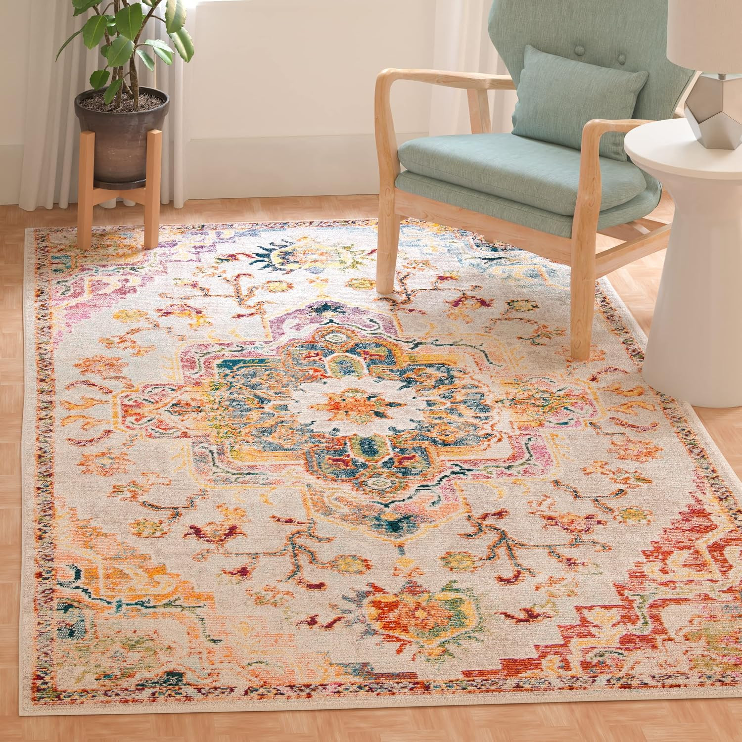 SAFAVIEH Crystal Collection Area Rug – 6’7″ X 9’2″, Light Blue & Fuchsia, Medall