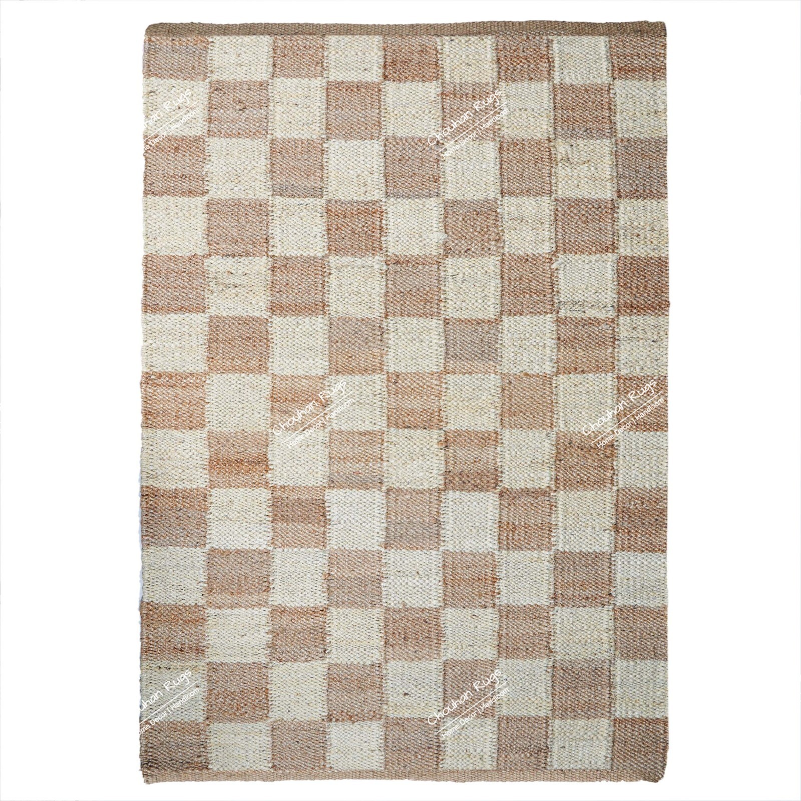 Indian Handwoven Hemp Jute Rug Beige With White Design Vintage Dhurrie Decor Rug
