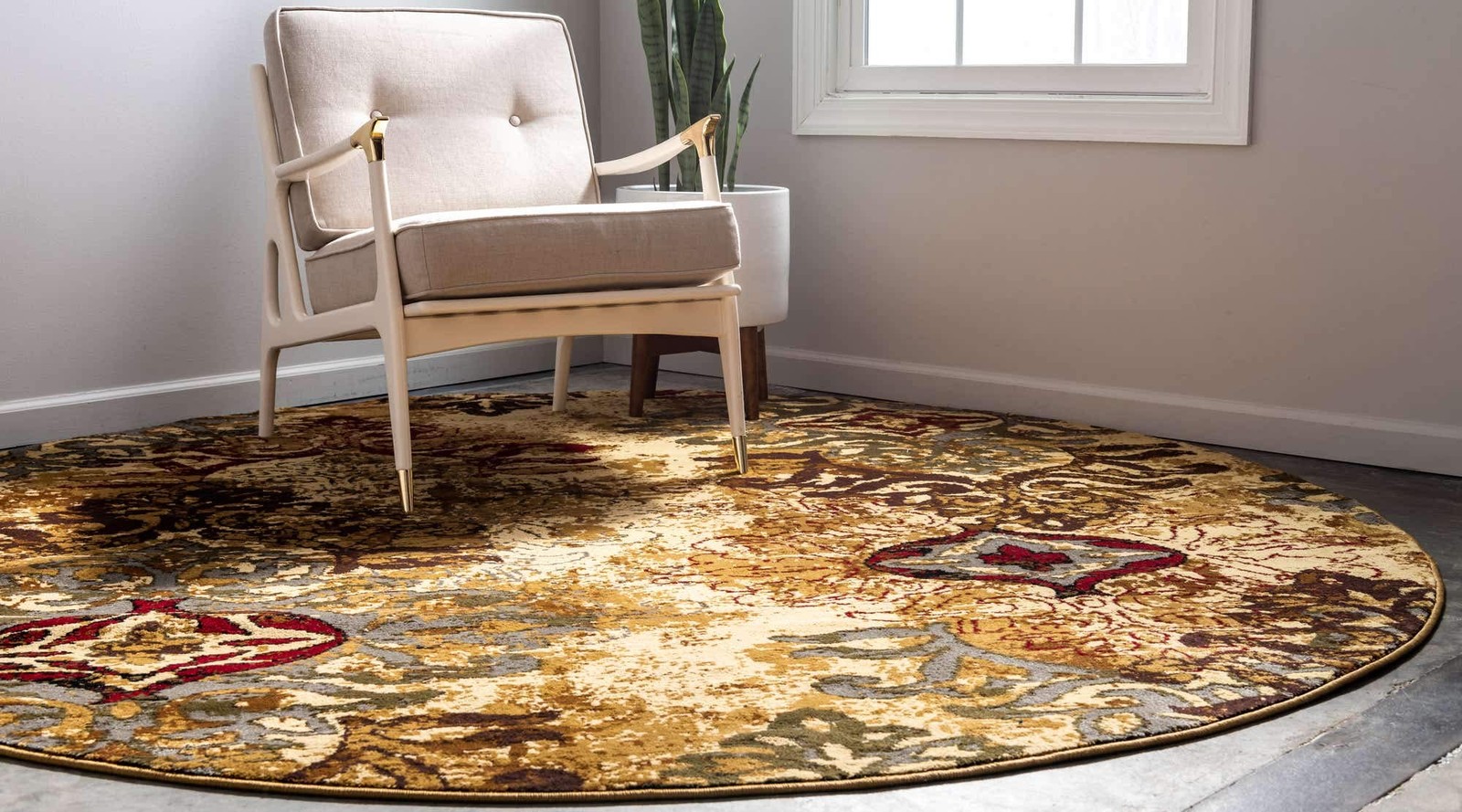 Barista Collection Area Rug – Congencis (4′ 1″ Round, Beige/ Blue)