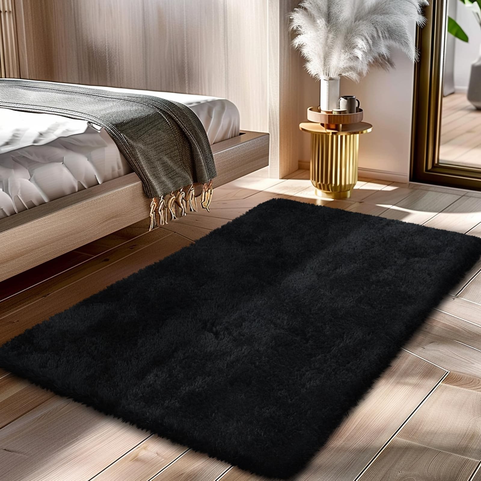 Fluffy Rug Shaggy Area Rug, Black 2X4 Area Rugs for Bedroom, Small Bedside R