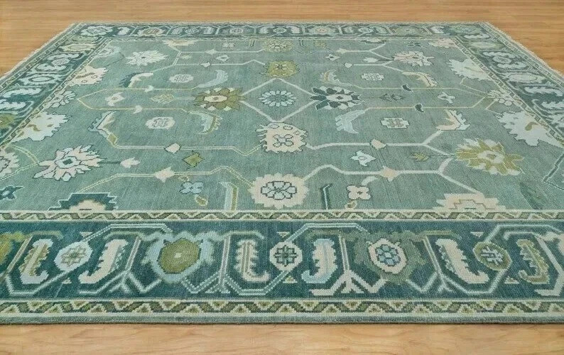 Hand Knotted Oushak Rug Muted Teal Sage Green 9×12 Wool Area Rug Large Tradition