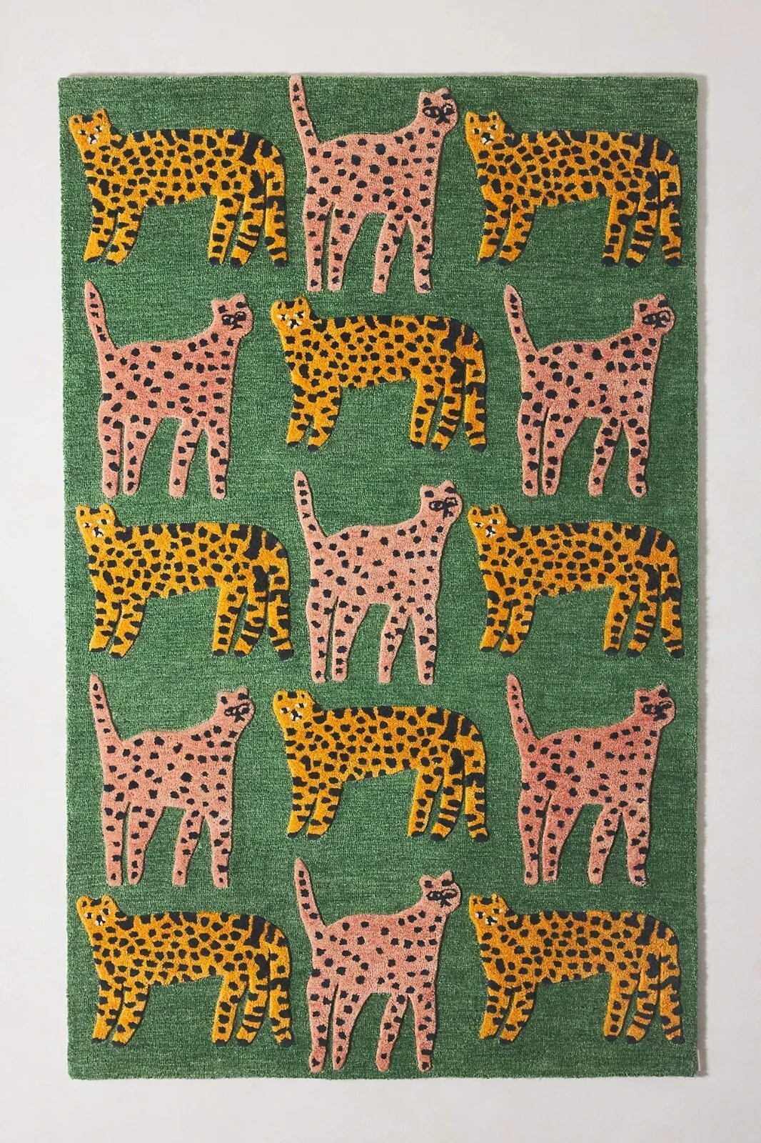 Dark Green Animal Print Cheetah Leopard Carpet Catwalk Tufted Wool Rug 6×9 Ft