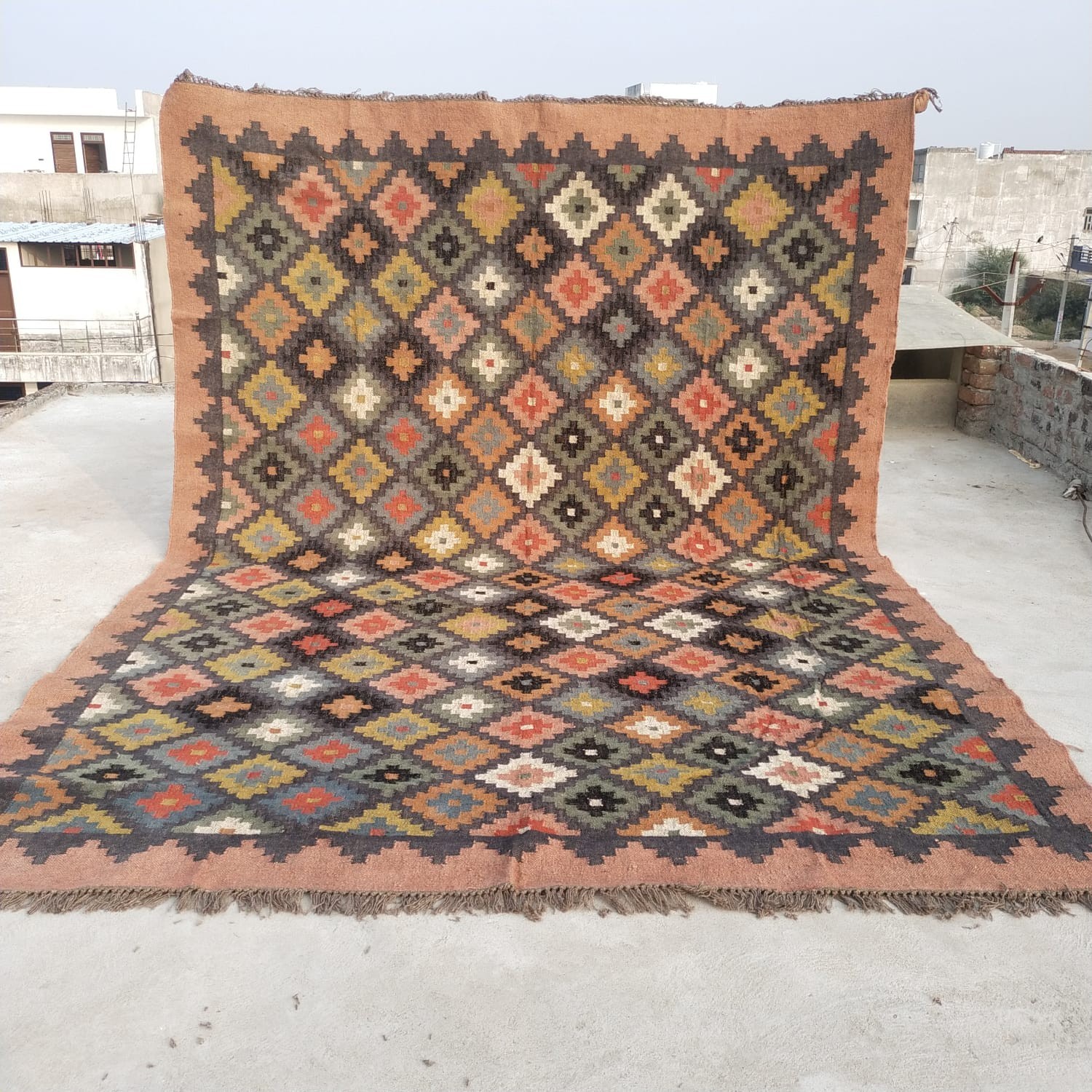 Handwoven Wool Jute Kilim Rug – Boho Area Rug, Rustic Living Room Carpet, Natura