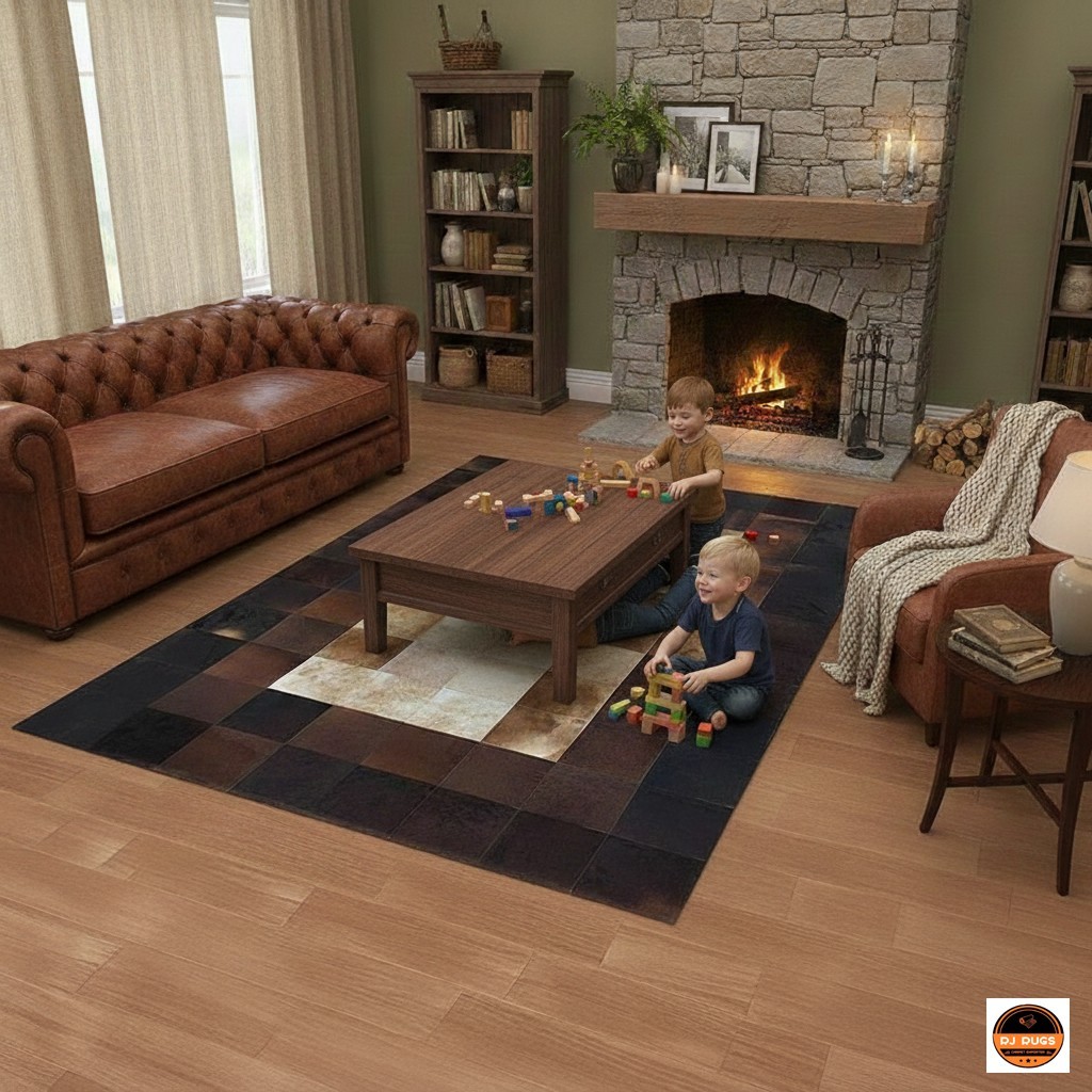 Modern Cowhide Patchwork Rug Handmade Leather Area Carpet for Living Room Brown