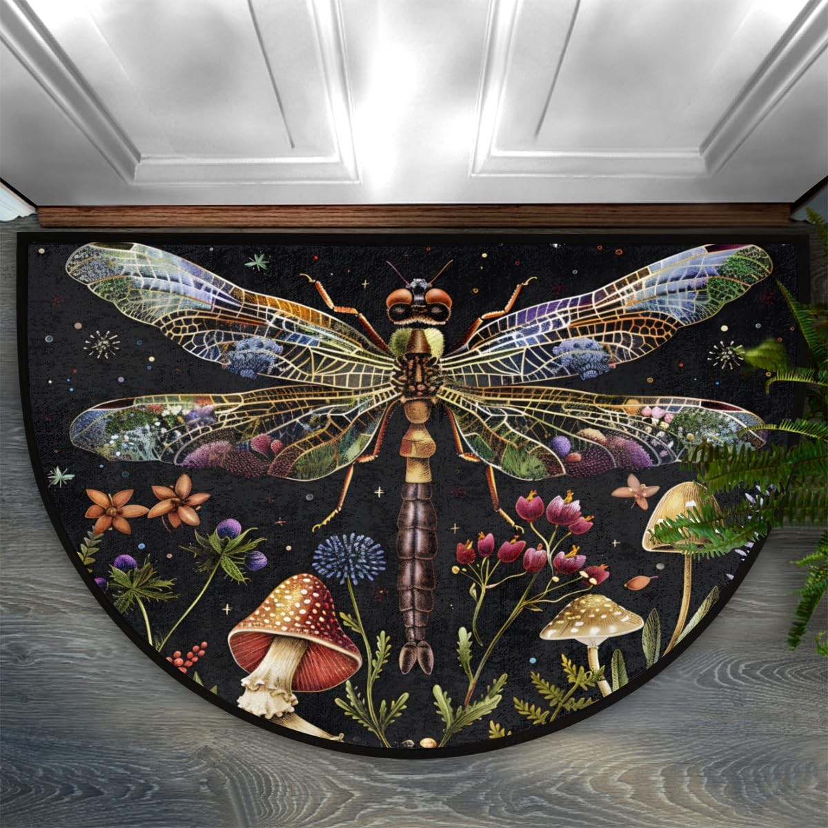 Dragonfly Flower Mushroom Half Round Door Mat, Non-Slip Entrance Welcome Mat …