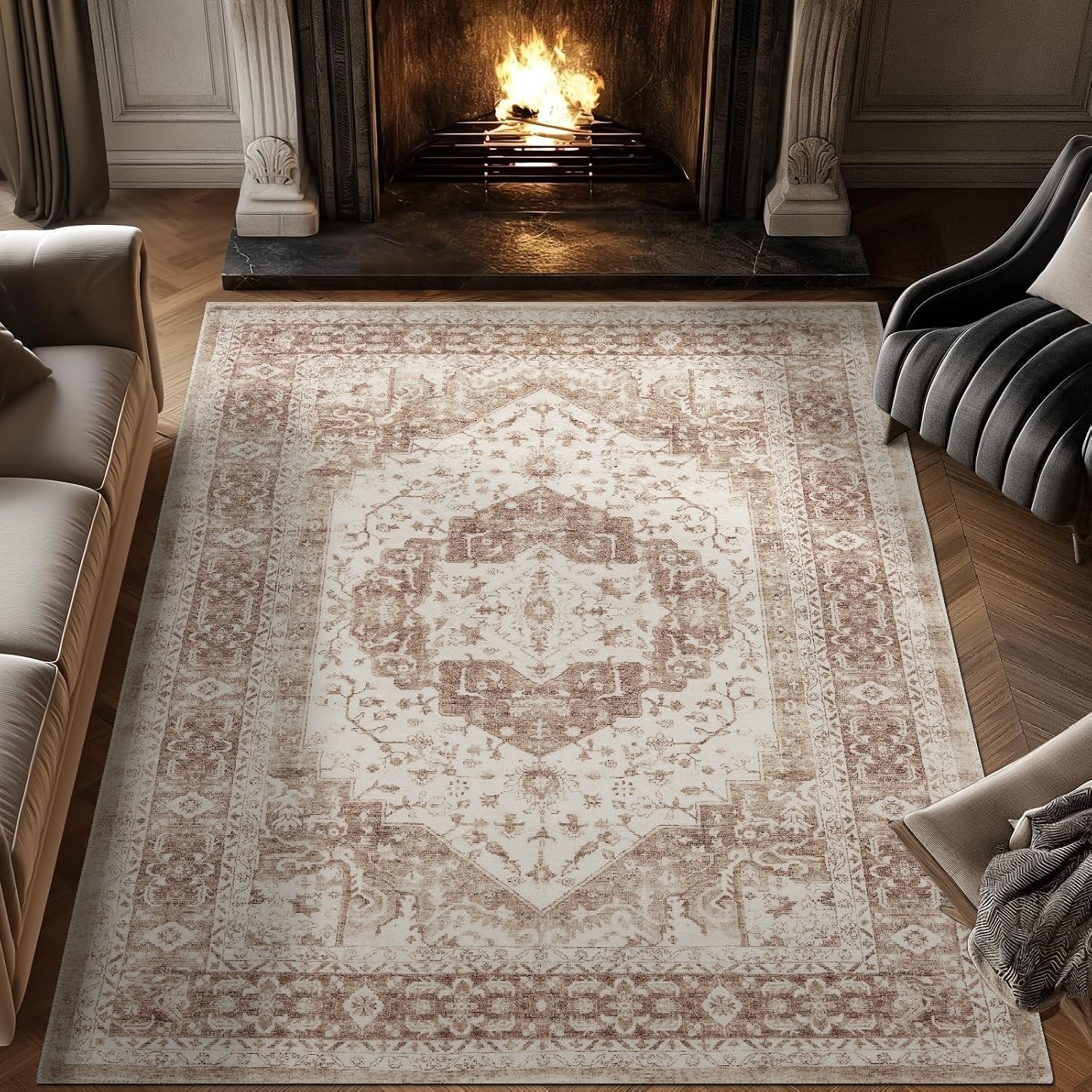 Jinchan 8’x10′ Washable Area Rug for Living Room Distressed Rustic Floral Taupe