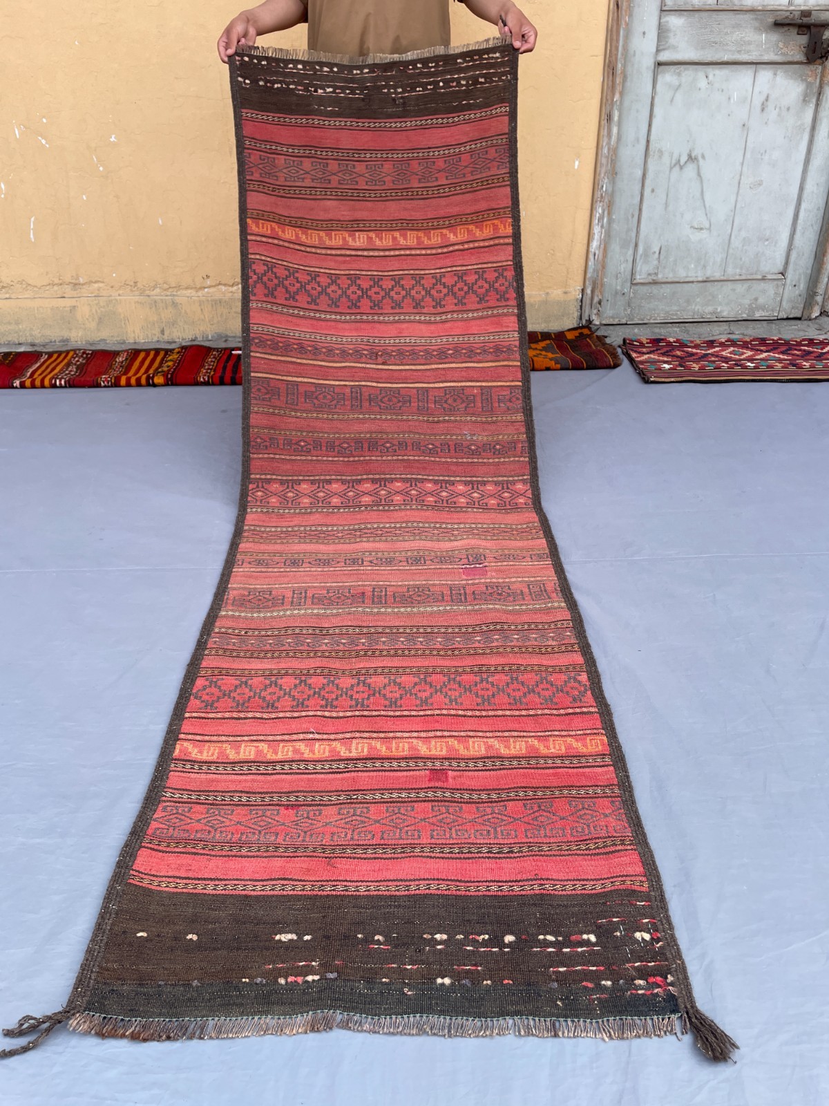 2’4 x 7’8 Ft Vintage Afghan Tribal Kilim Runner Red Rug Flatweave Wool Handmade
