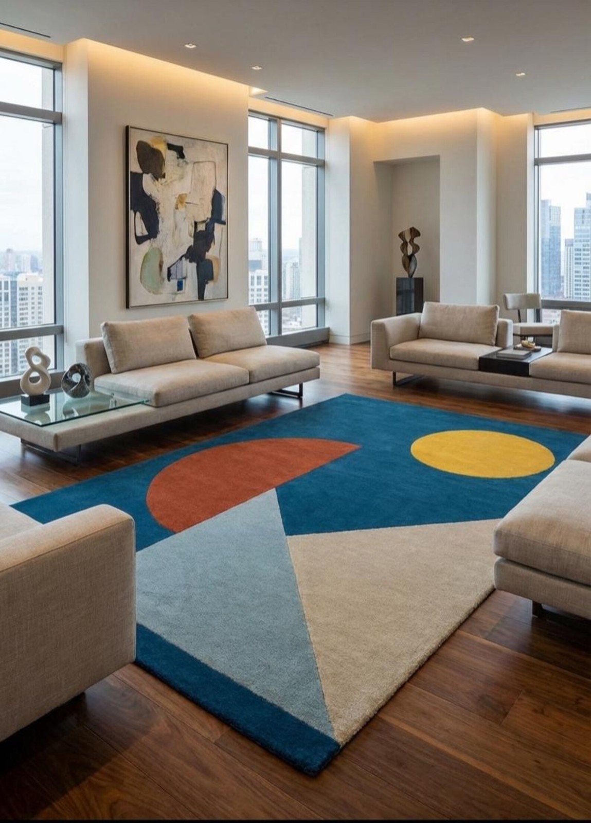 Modern Geometric Hand Tufted Rug, Abstract Blue Area Rug, Scandinavian Carpet.