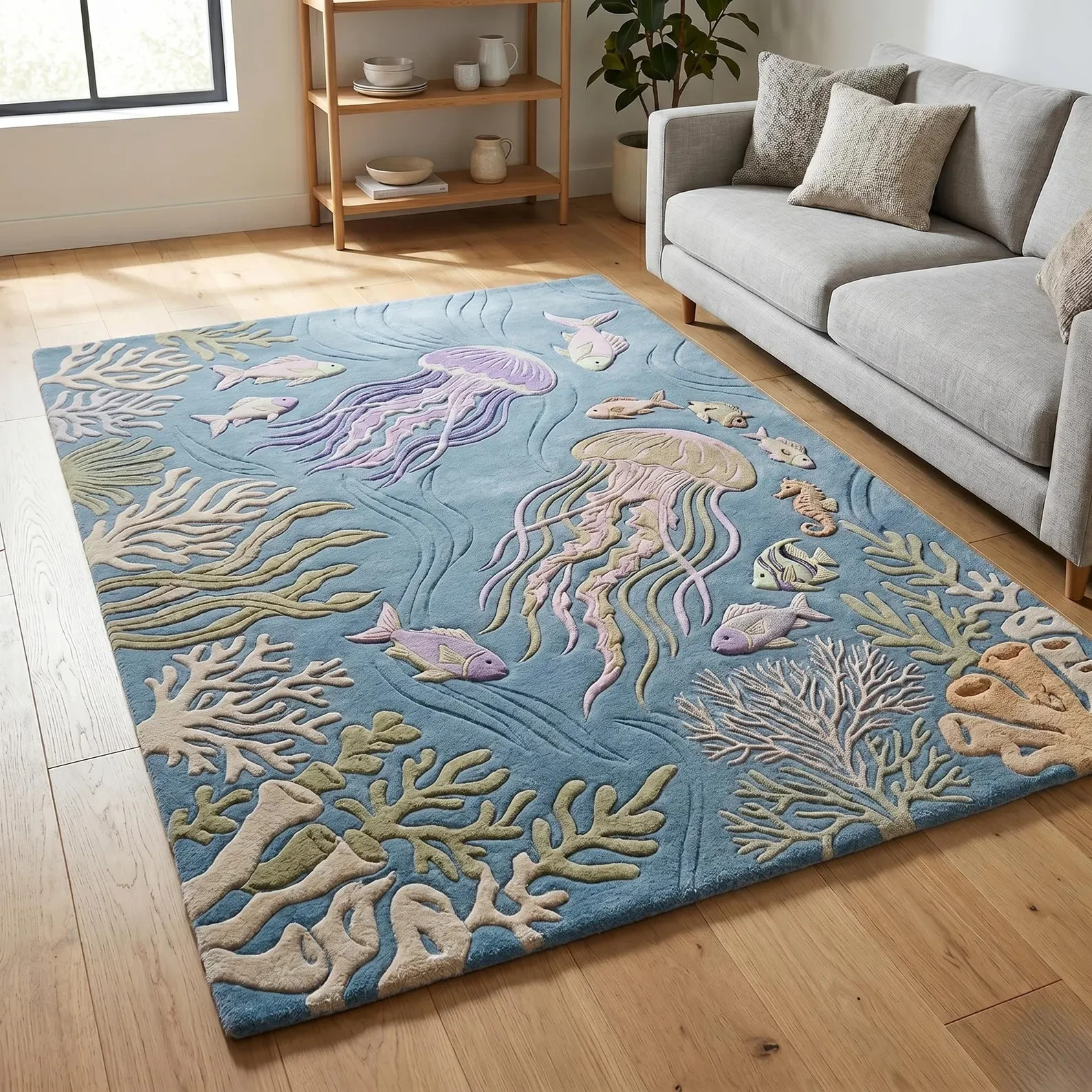 Jellyfish Hand Tufted Rug – Modern Ocean Theme Area Rug, Coastal Home Area Decor