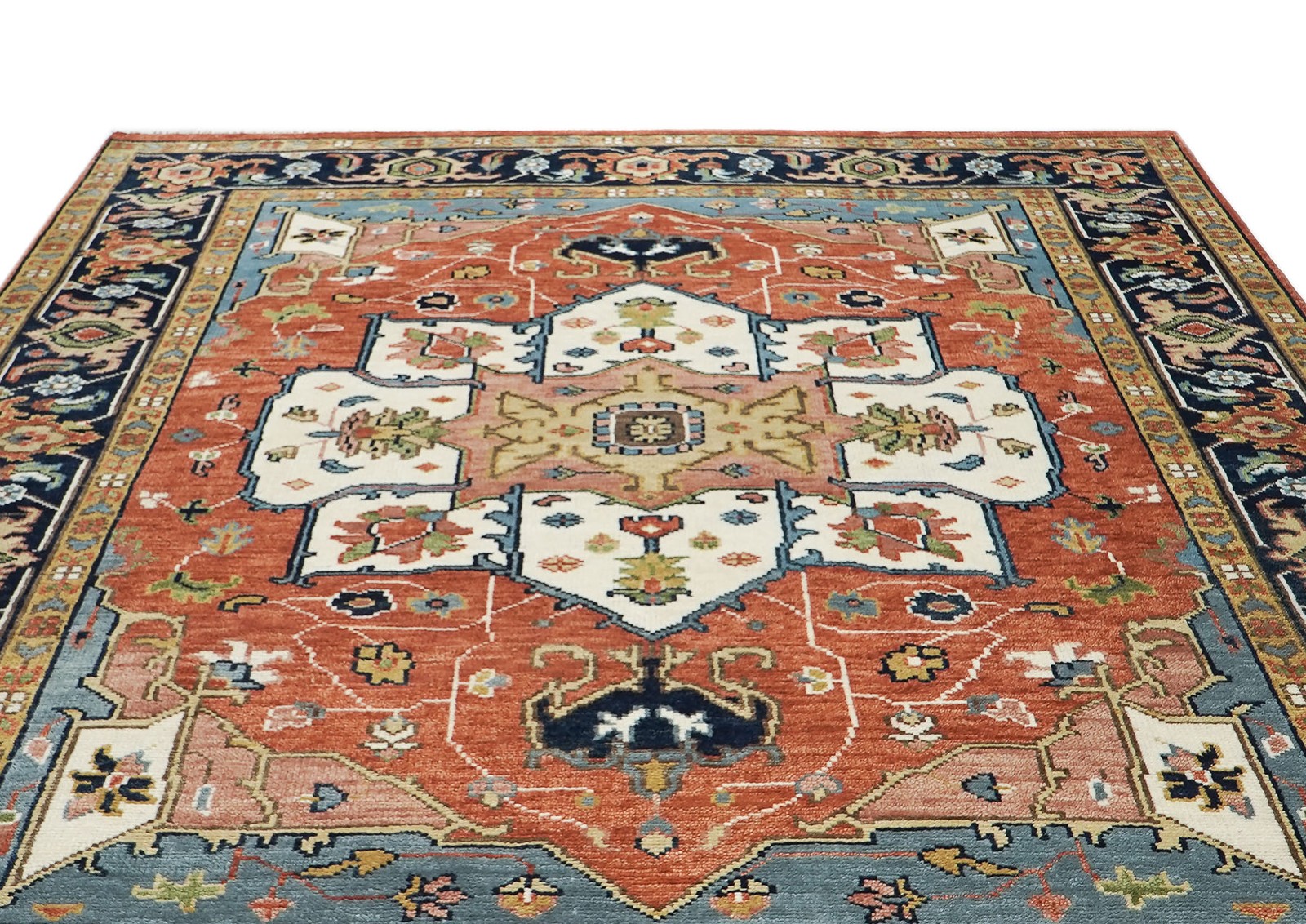 9’3”x12 Hand Knotted Wool Burnt Orange, Ivory Oushak Herizz Rug