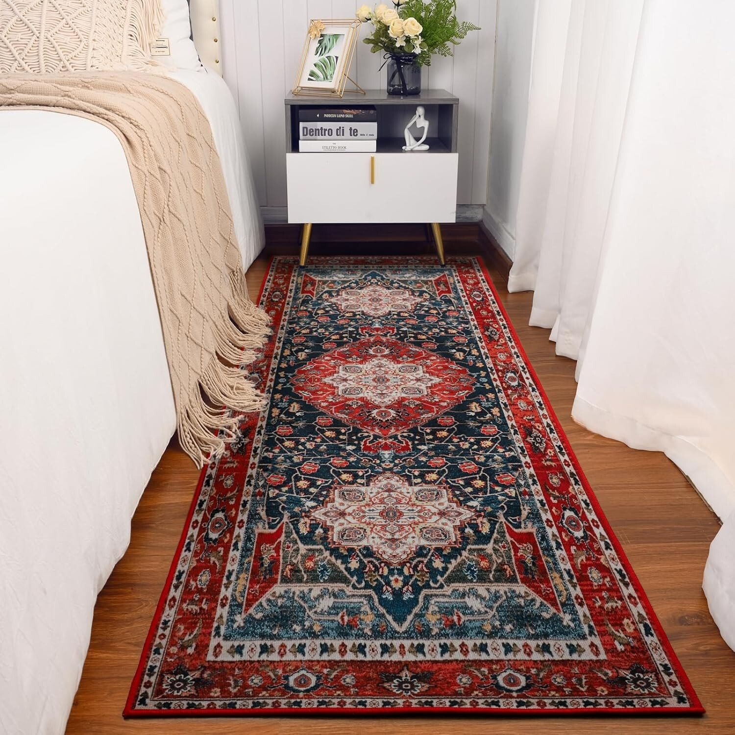 Area Rug 2×6, Boho Vintage Washable Hallway Runner Rug, Non-Slip 2×6 ft Red