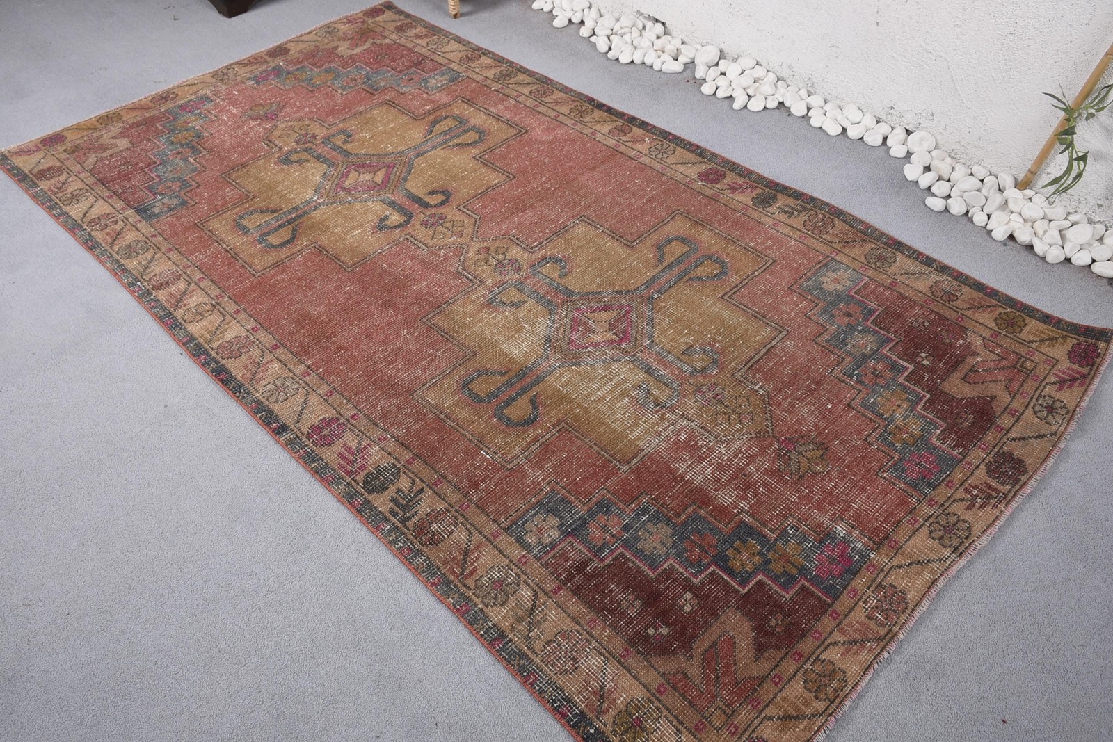 4,3×7,6 ft Area Turkish Rug, Vintage Rug, Red Brown Bordered Wool Rug
