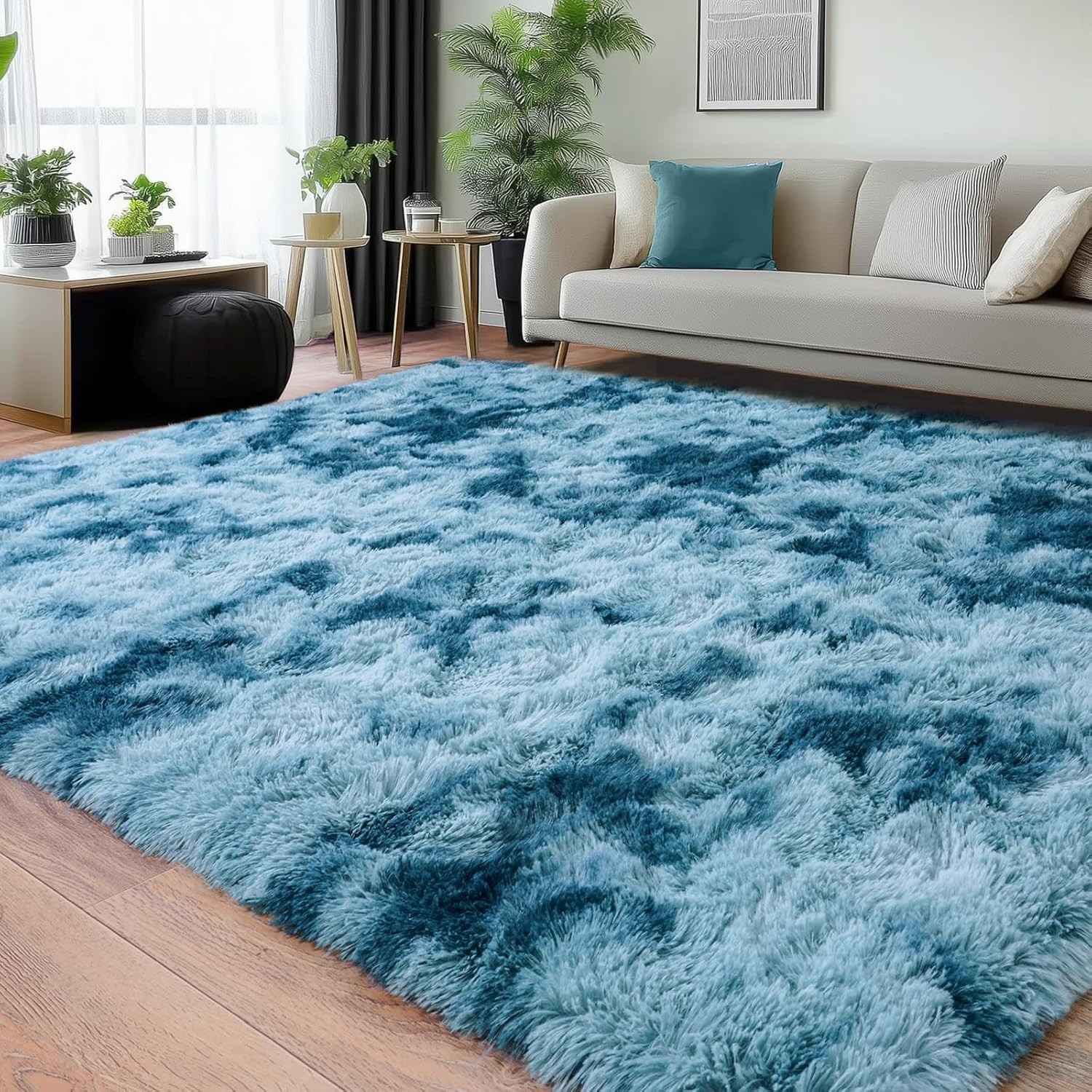 Fluffy Area Rug 8×10 Large Shaggy Soft Tie Dye Blue Mat for Living Bedroom Floor