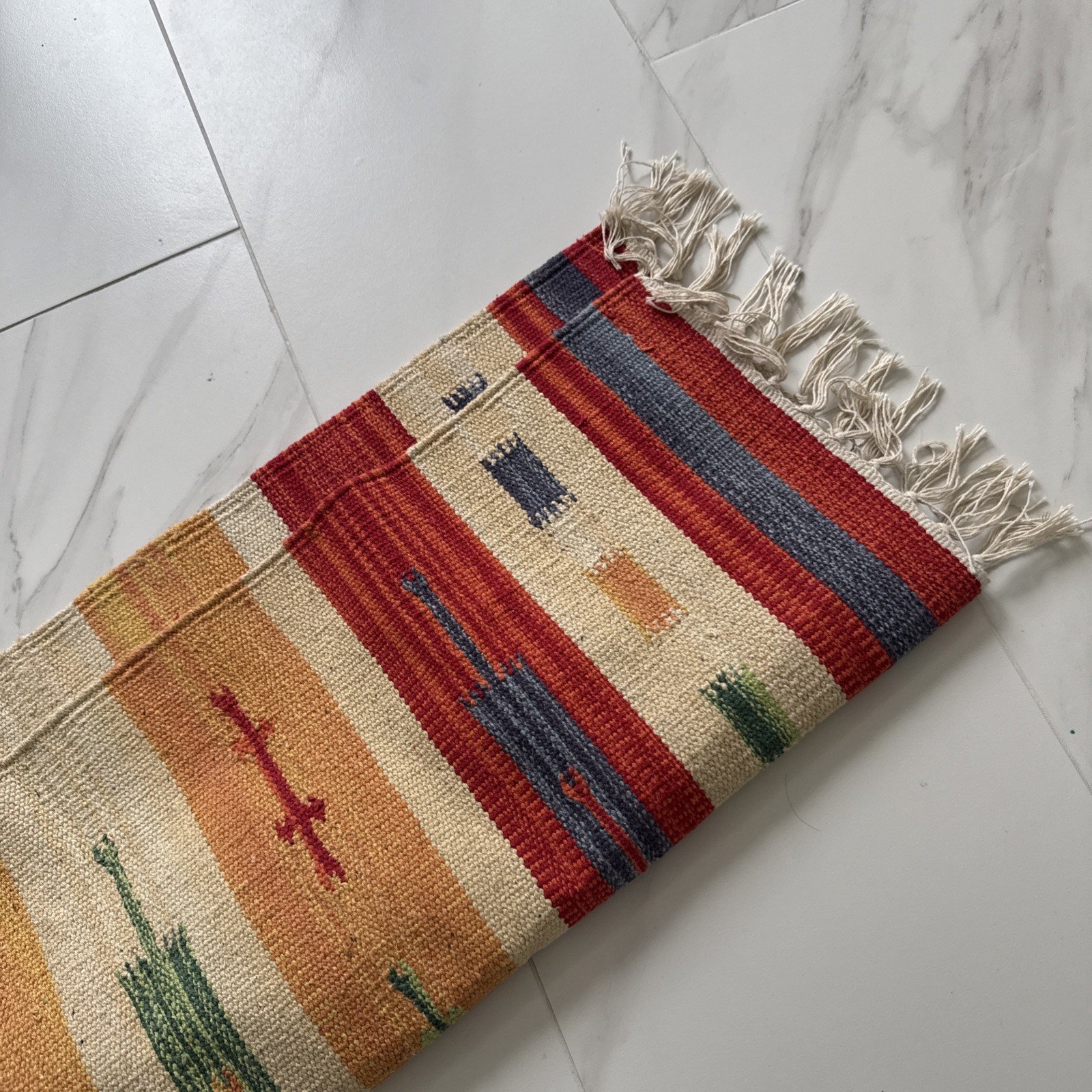 Hand Woven Dhurrie Doormat Rug 3x2ft Kilim Fringed Southwestern Hall Room Aztec