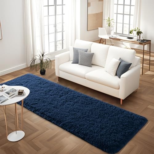 Soft Navy Blue Runner Rugs for Bedroom, 2×4 ft Bedside Rug Plush Fluffy
