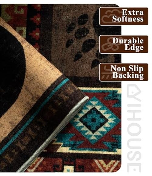 Rustic Cabin Area Rug 5×7,Machine Washable Lodge Bear Rug,Non-Slip Low Pile