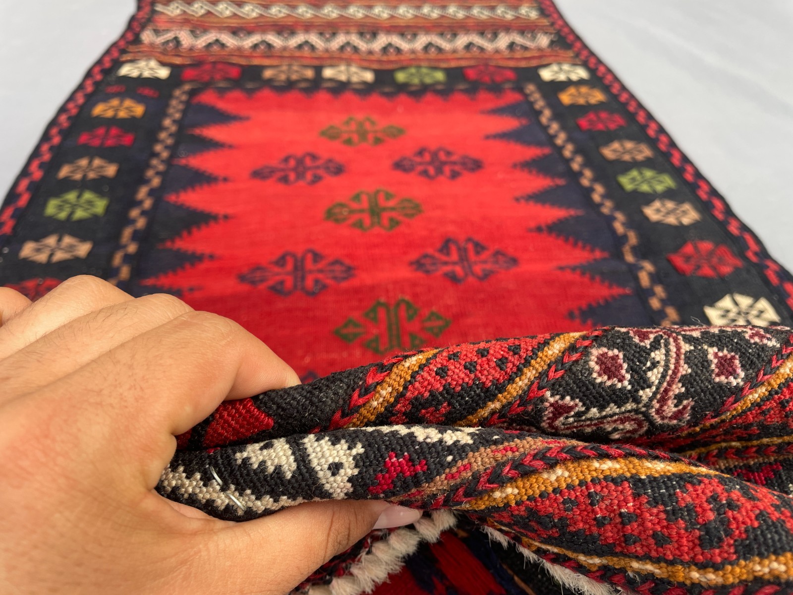 2’3 x 4’5 Ft Bold Afghan Tribal Kilim Rug Red Navy Floral Flatweave Wool Carpet
