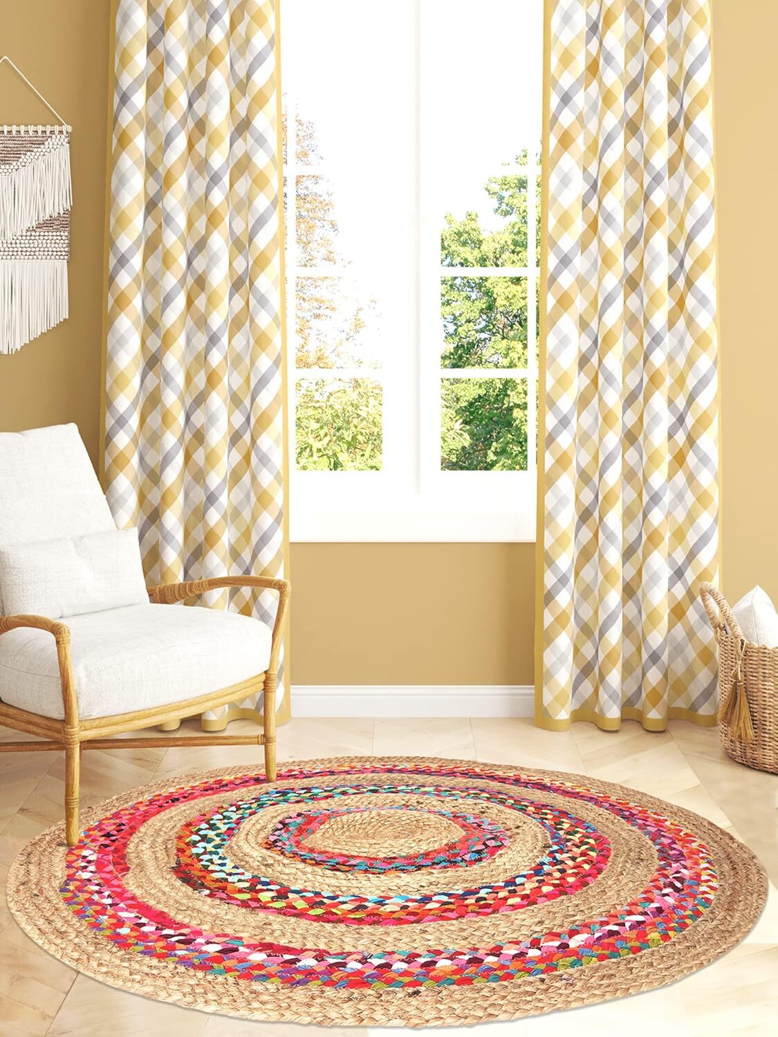 Jute Chindi Round Braided Rug, Hand Woven Reversible Natural Recycled Cotton Rug