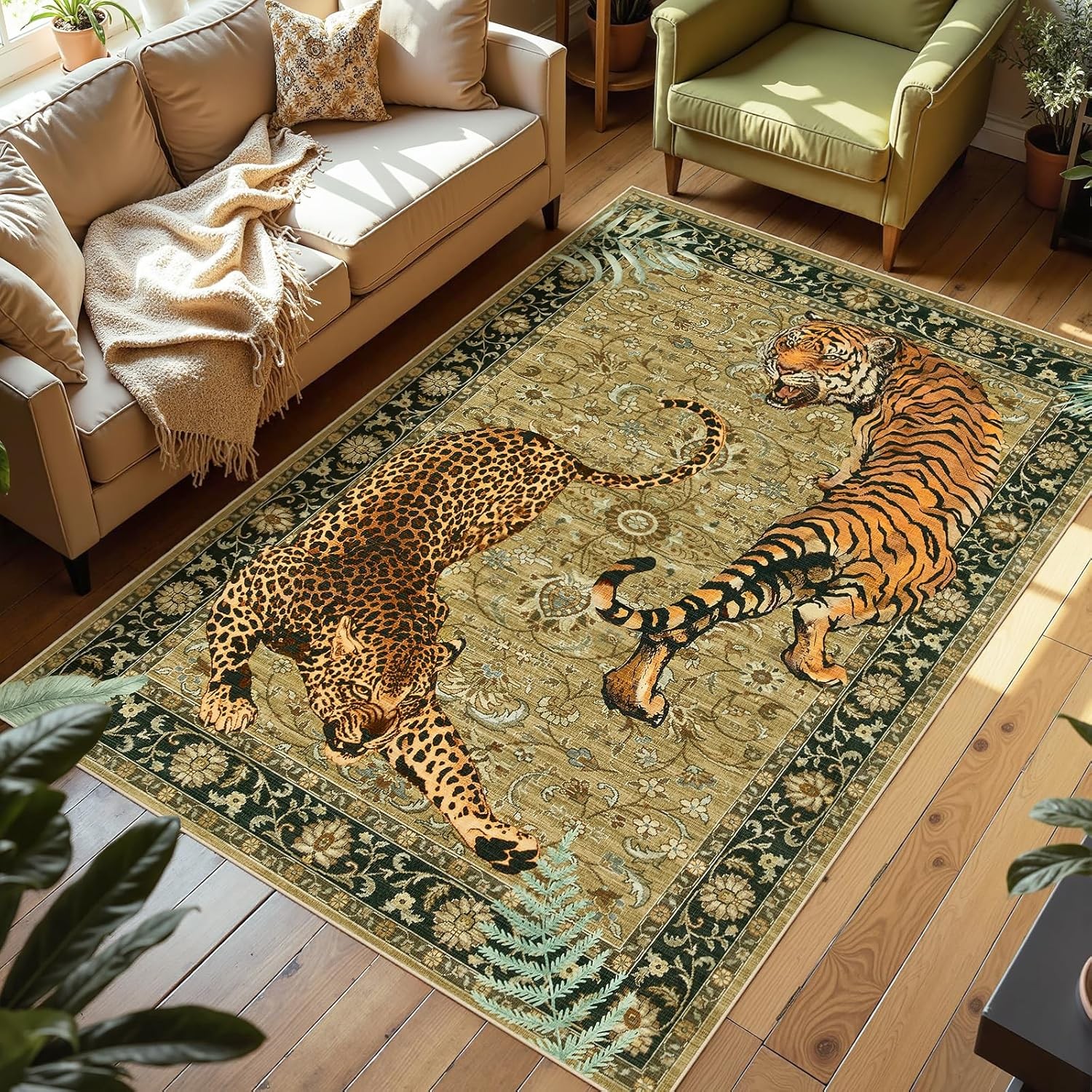 Joydeco Washable Tiger Print 5×7 Living Room Area Rug, Vintage Boho Cheetah Dini