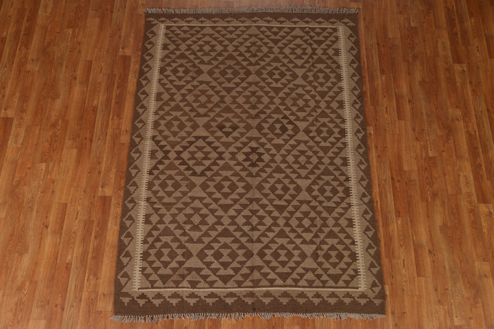 Geometric Kilim Area Rug 5×7 Ft Hand-Woven Wool Carpet Brown Oriental Rug