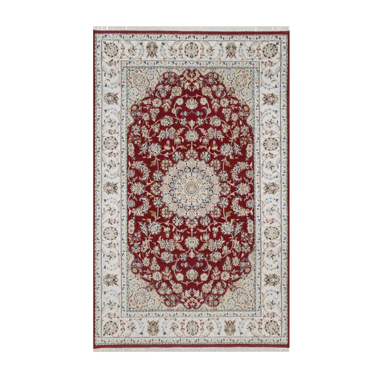 4’10″x7’10” Red Nain with Medallion Design Hand Knotted Wool and Silk Rug 92567