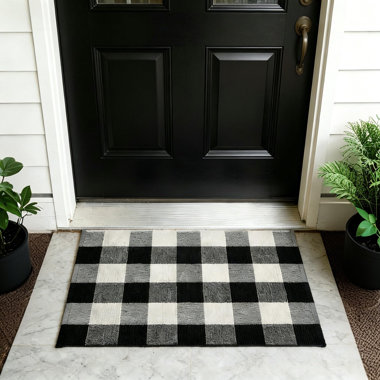 Buffalo Plaid Outdoor Rug 2′ x 3′ Black and White Front Door Mat, Layering Ru…