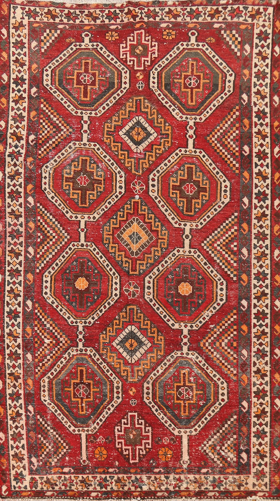 Red Geometric Tribal Area Rug 5×10 Hand-knotted Nomadic Vintage Wool Carpet