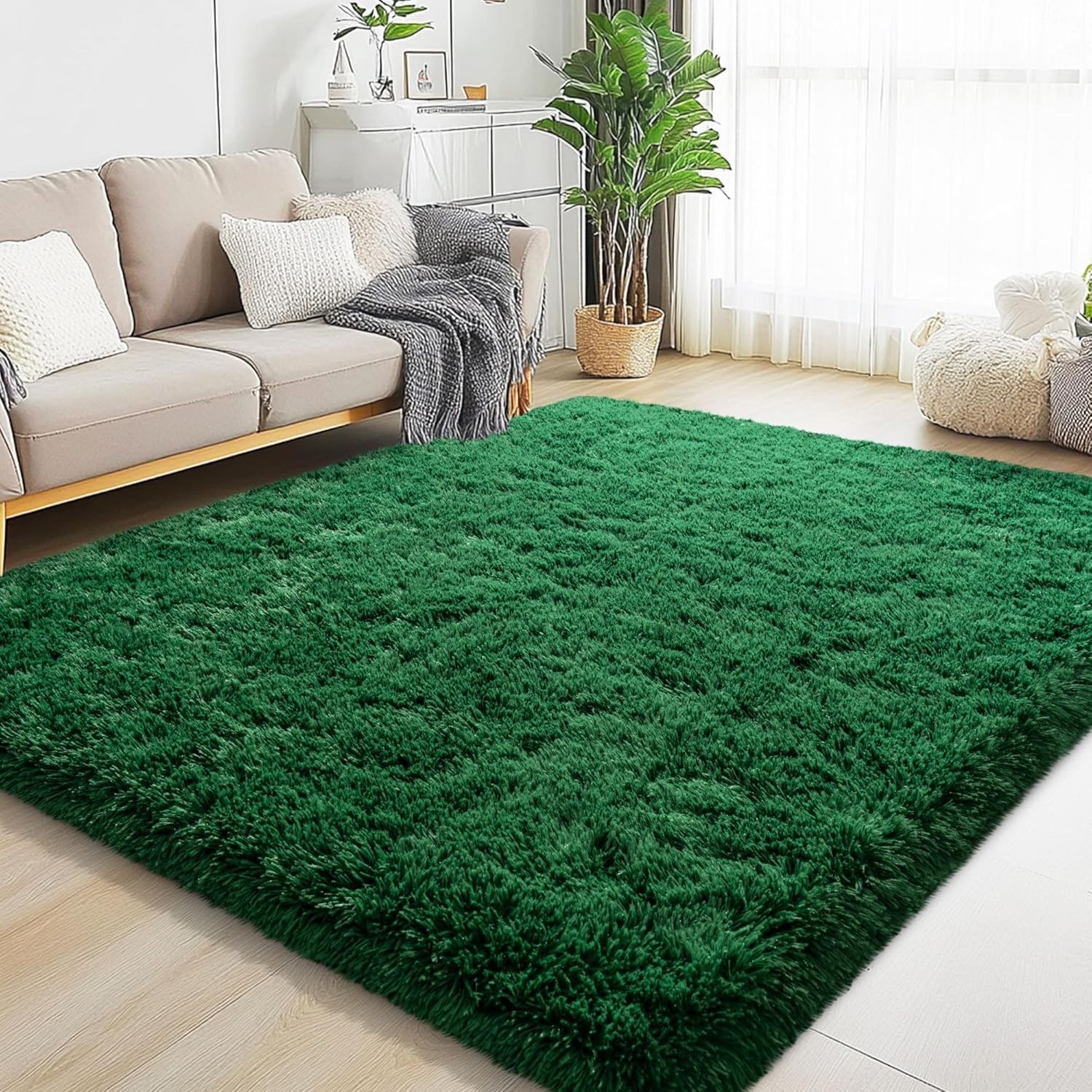 Fluffy Area Rugs 8×10 Dark Green Soft Plush Carpet for Living Room Bedroom Floor