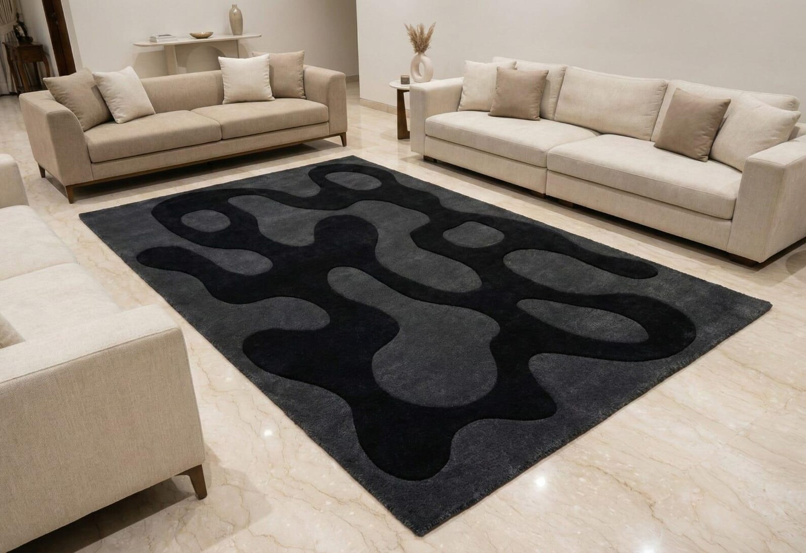 Handmade Abstract Wave Rug Modern Minimal Black & Charcoal Area Rug Hand-Tufted