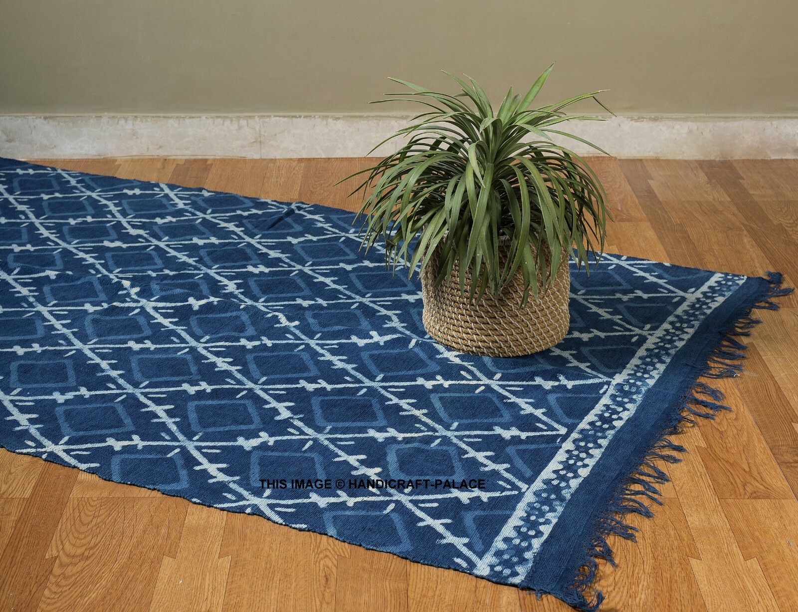 Indigo Handmade Block Print Cotton Area Rug Soft Hand Craft Room Dhurrie Carpet