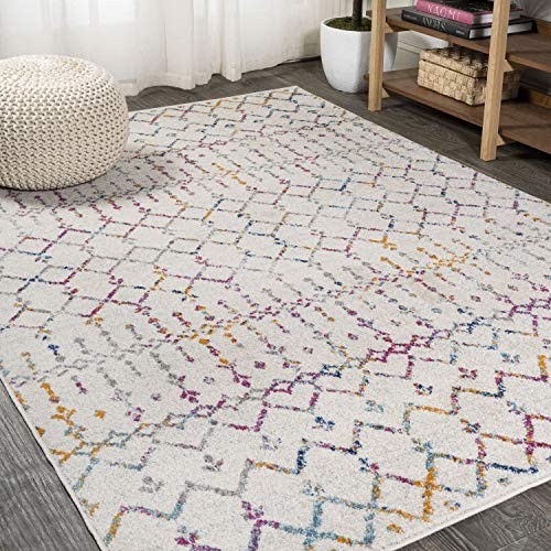 Boho Vintage Diamond Ivory/Multi Indoor Area Rug 5X8 ft, Moroccan Hype for
