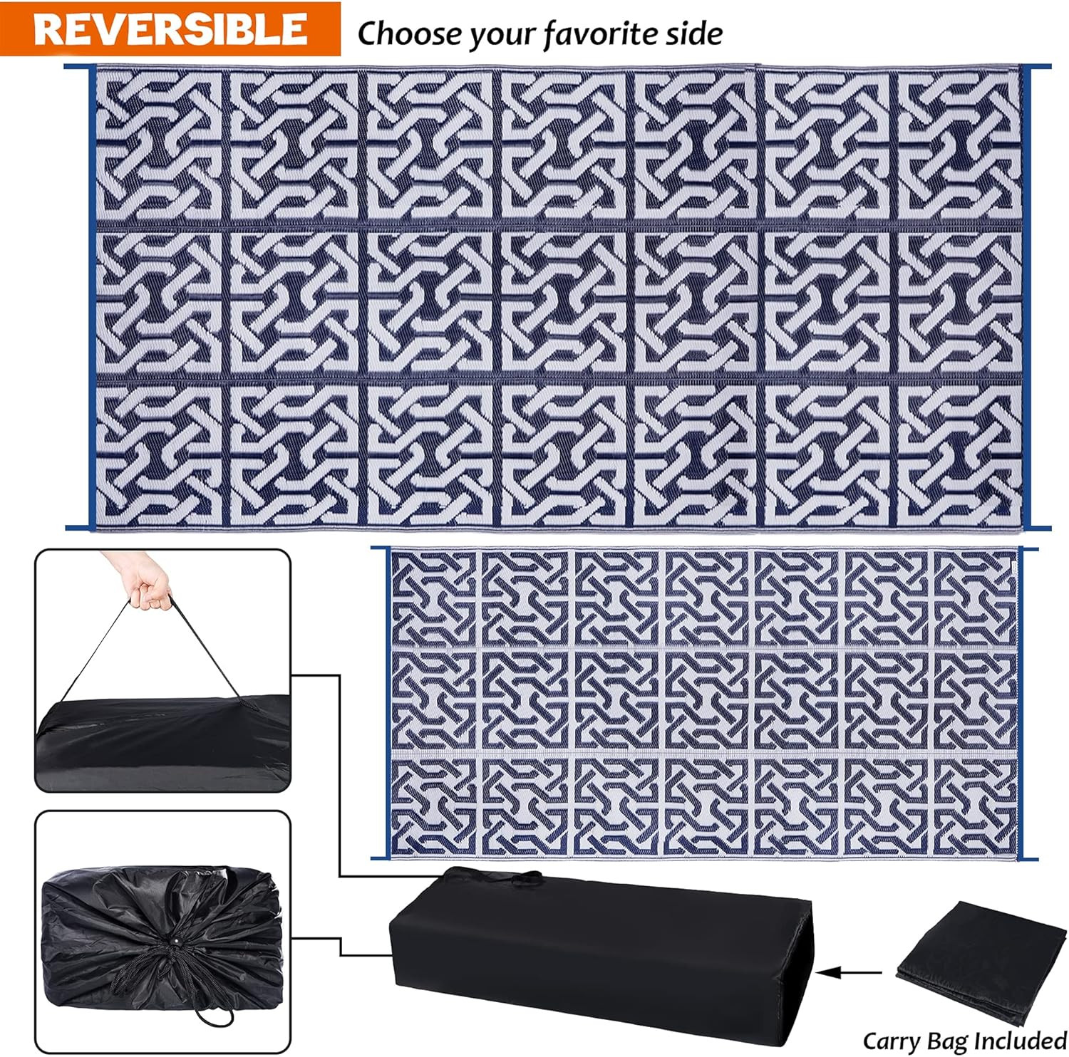 Reversible Plastic Straw Rug, 9′ x 18′ Outdoor Mat, Dark Blue & White